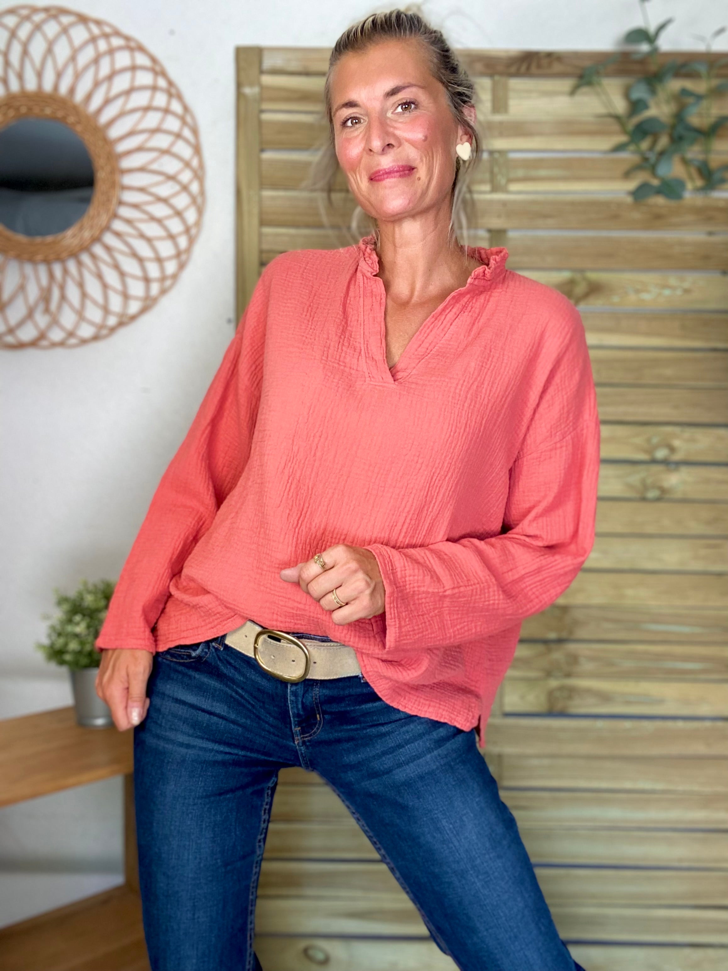 RETOUR EN STOCK DEBUT SEPTEMBRE - Blouse en gaze de coton SIERRA Terracotta - manches longues