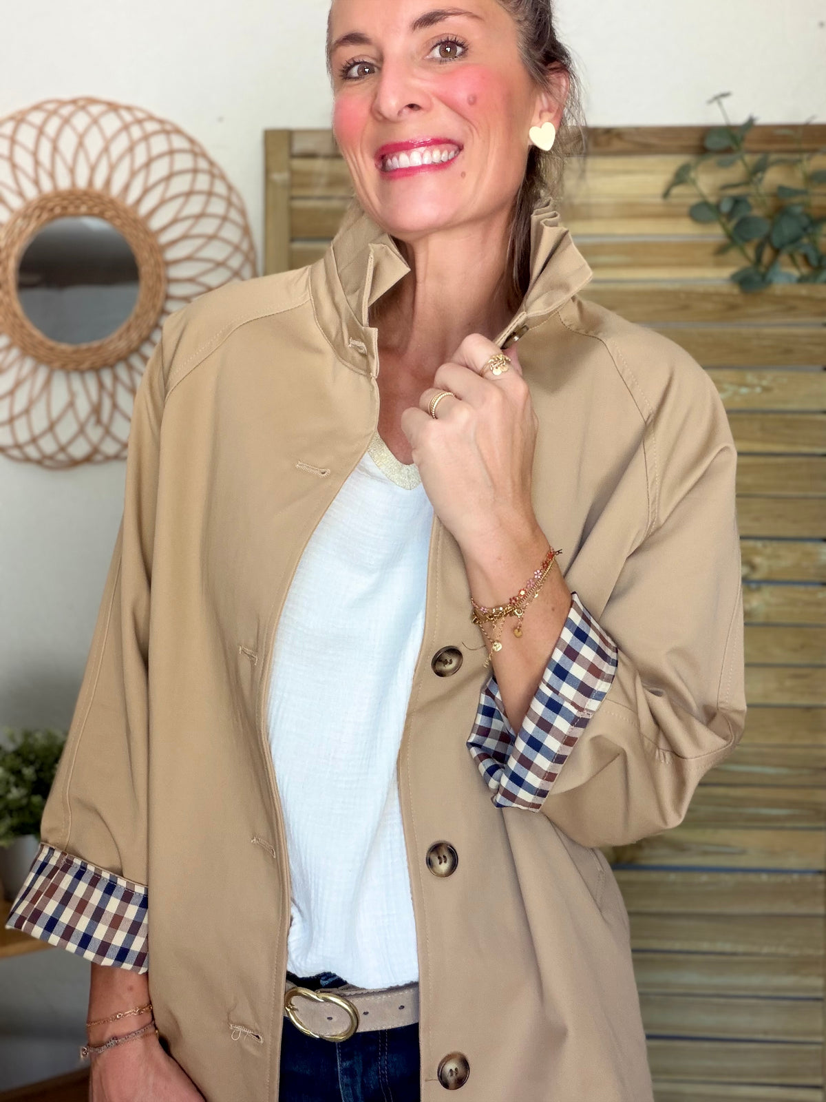 Veste Trench mi-long col victorien avec carreaux - ANDY Beige taupe