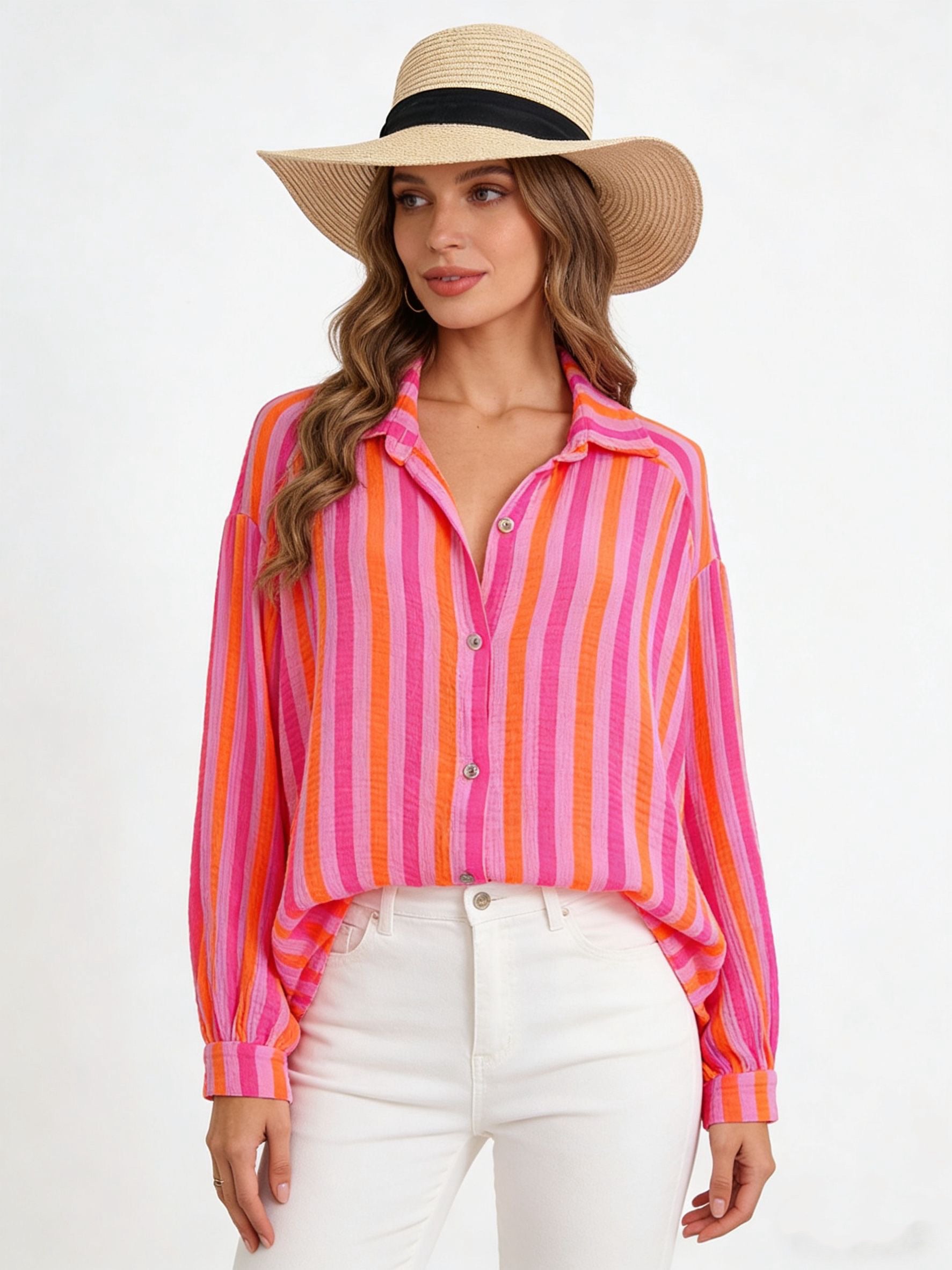Chemise en gaze de coton rayée FÉLICIE Fluo Parme