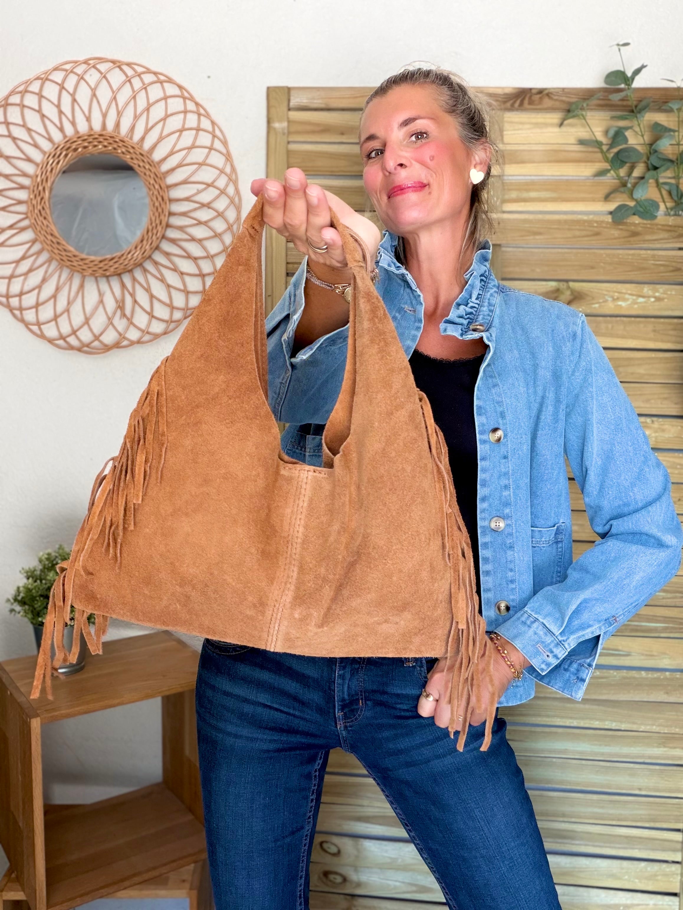 Sac hobo en cuir daim avec franges AARON - Camel