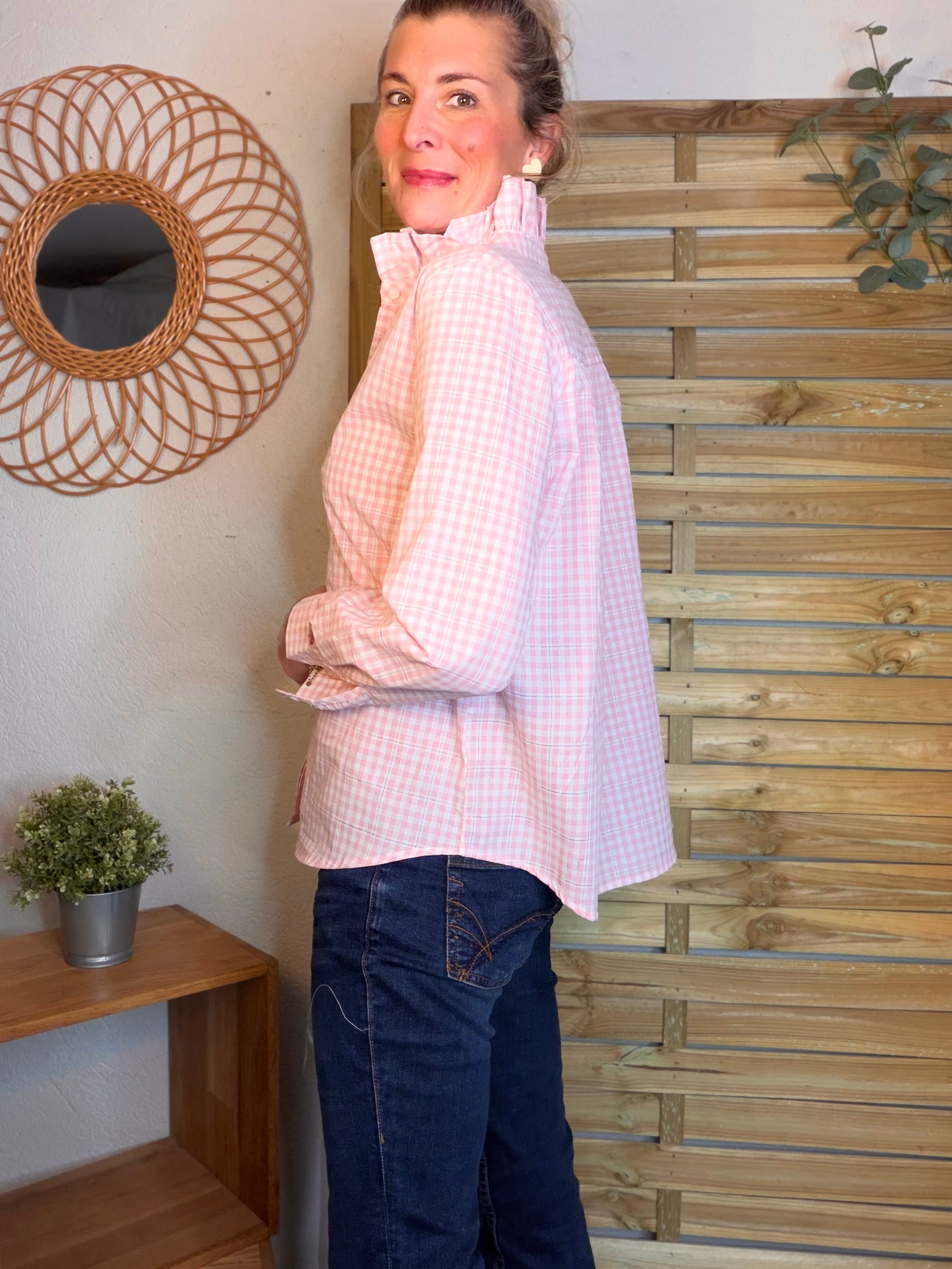 Chemise imprimée vichy, col victorien volanté MEREDITH - Rose