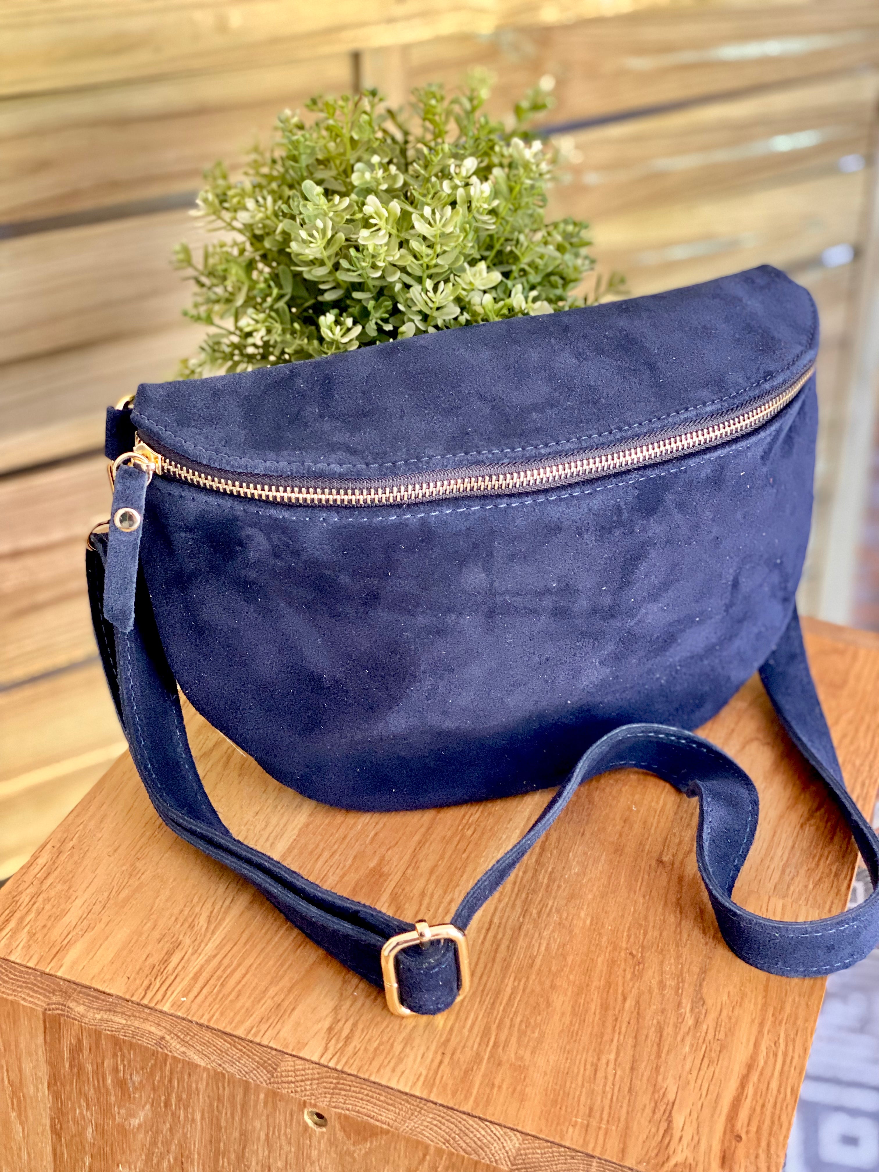 Sac banane XL en cuir velours 30cm JUDY - Bleu marine (7 coloris)