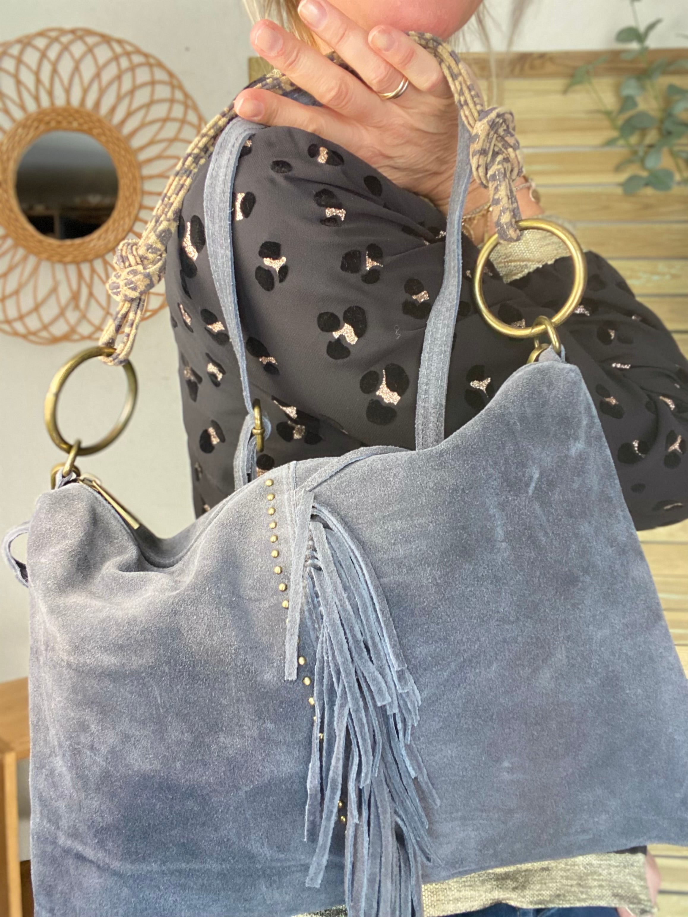 ⚡️PÉPITES FRIDAY - Sac en cuir daim 2 bandoulières (Léo et gris) - Gris foncé - BROOKLYN