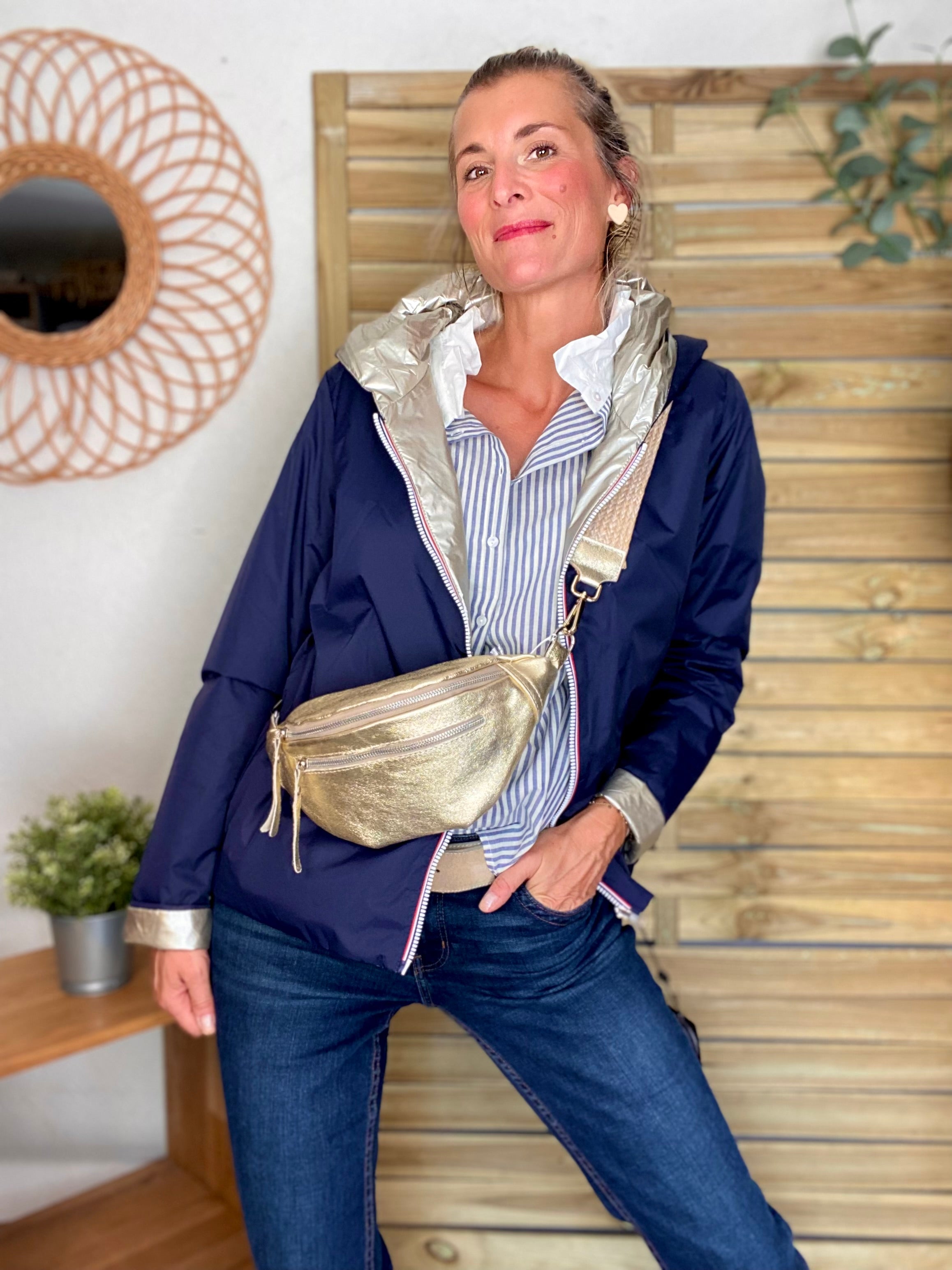 Chemise en coton rayée col victorien blanc ALIÉNOR - Bleu gris