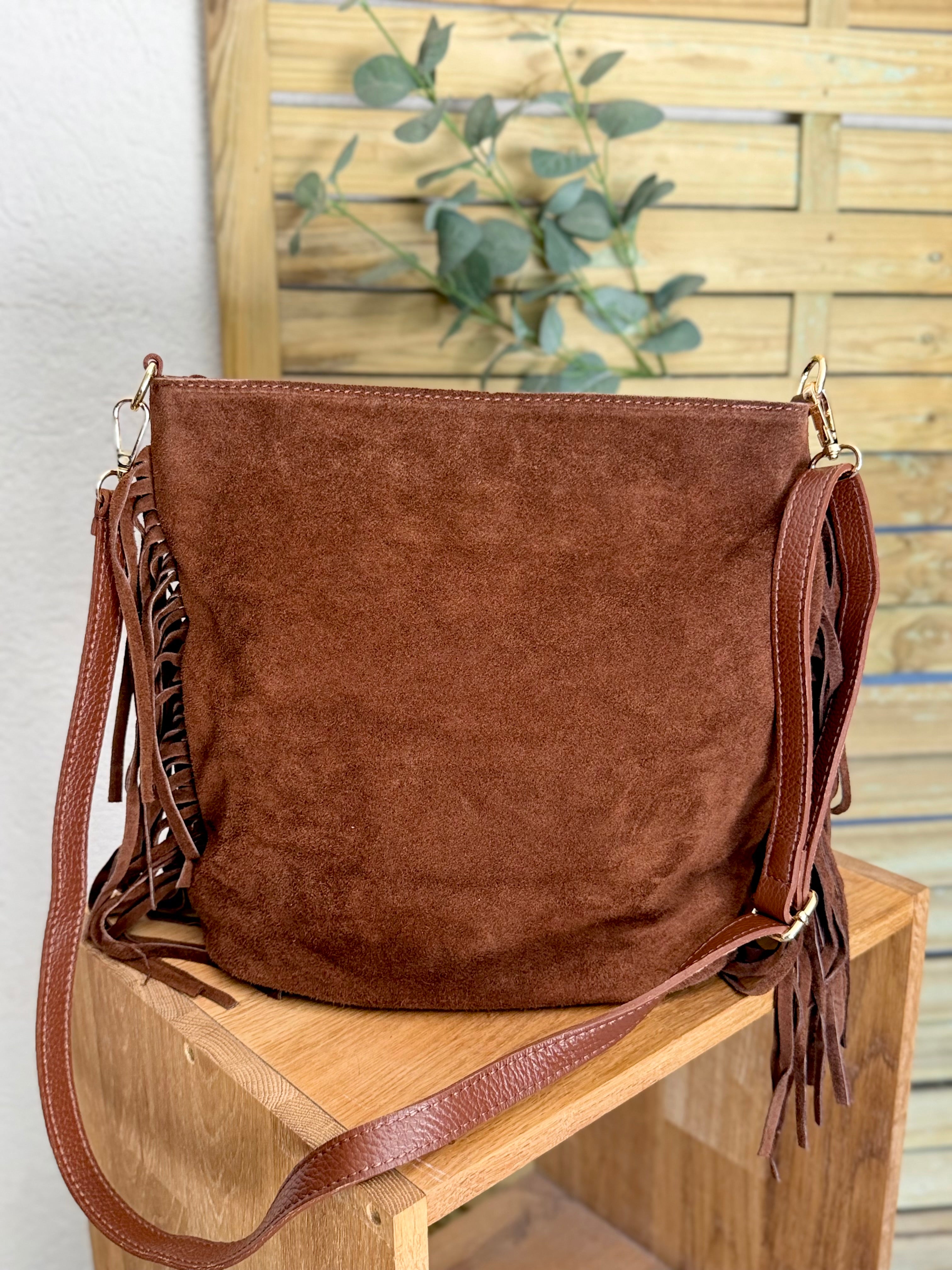 Sac seau en cuir daim avec franges KYLIE - Camel foncé (Café)
