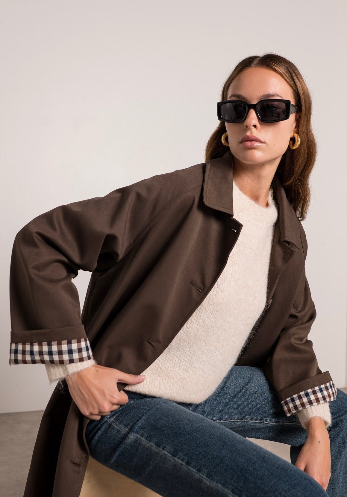 Veste Trench en coton avec vichy - YSEULT long Chocolat