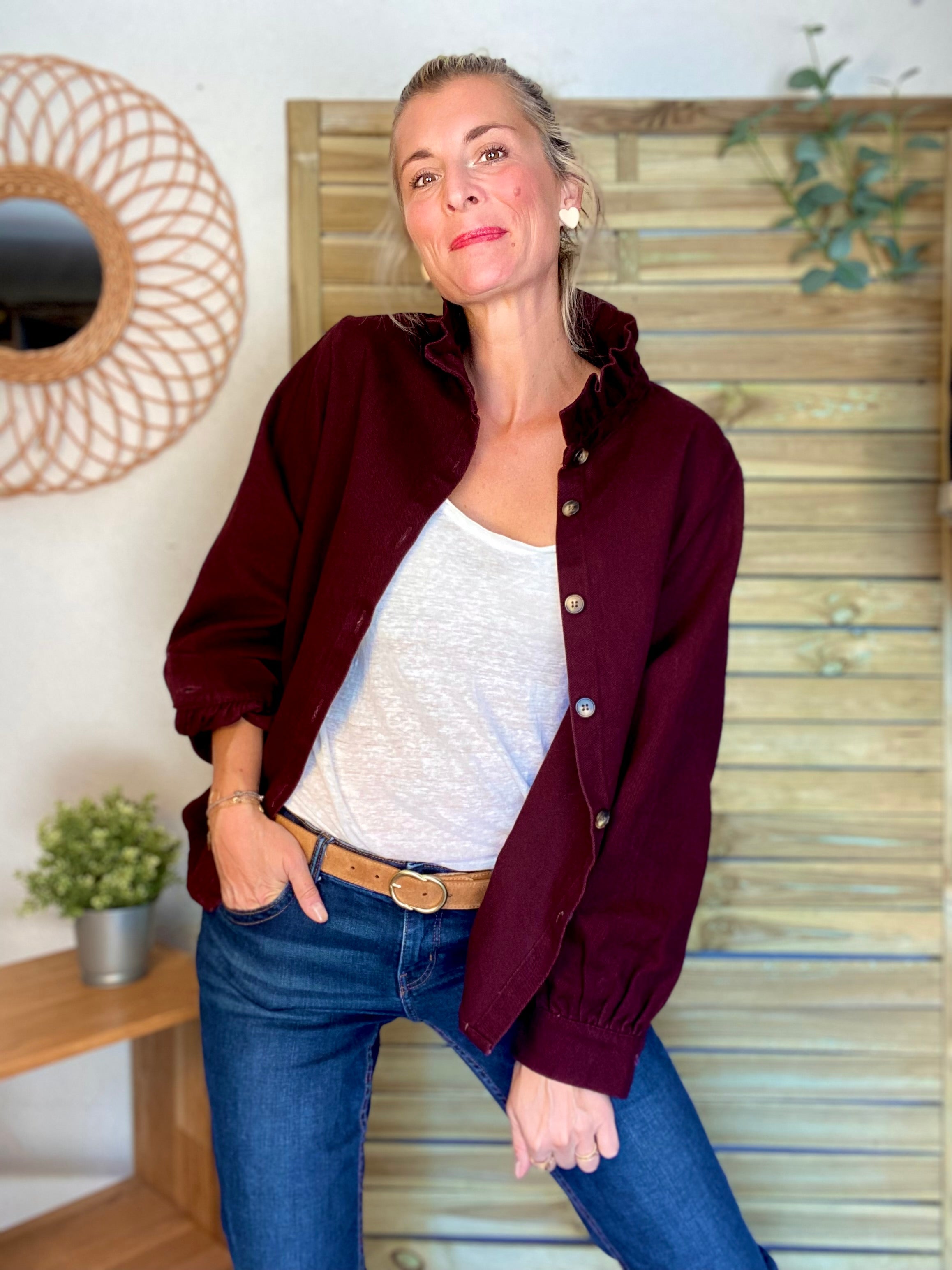 Veste / Chemise en coton, col victorien volanté LISA - Prune