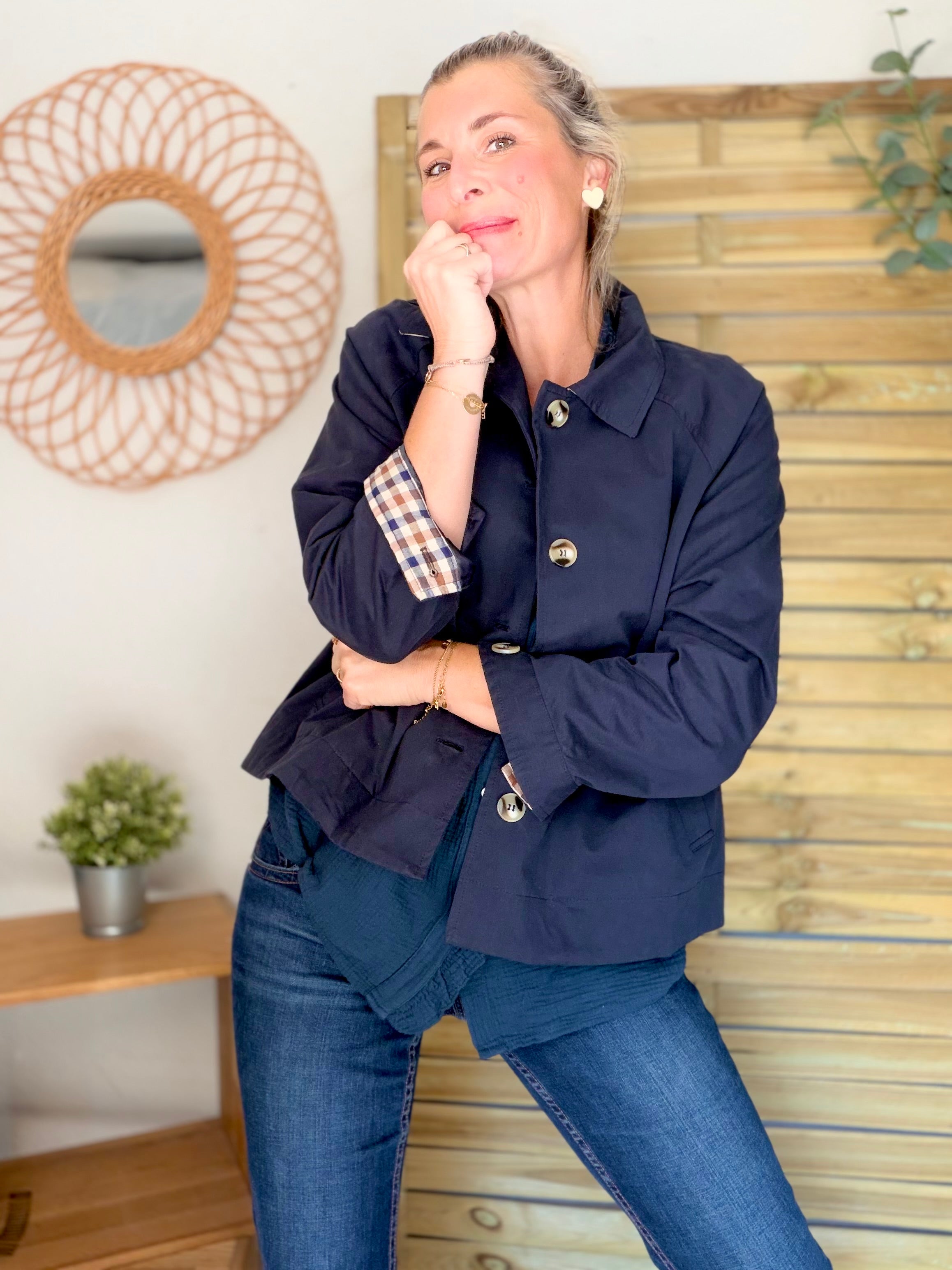 Veste Trench en coton avec carreaux - SOLÈNE Bleu marine