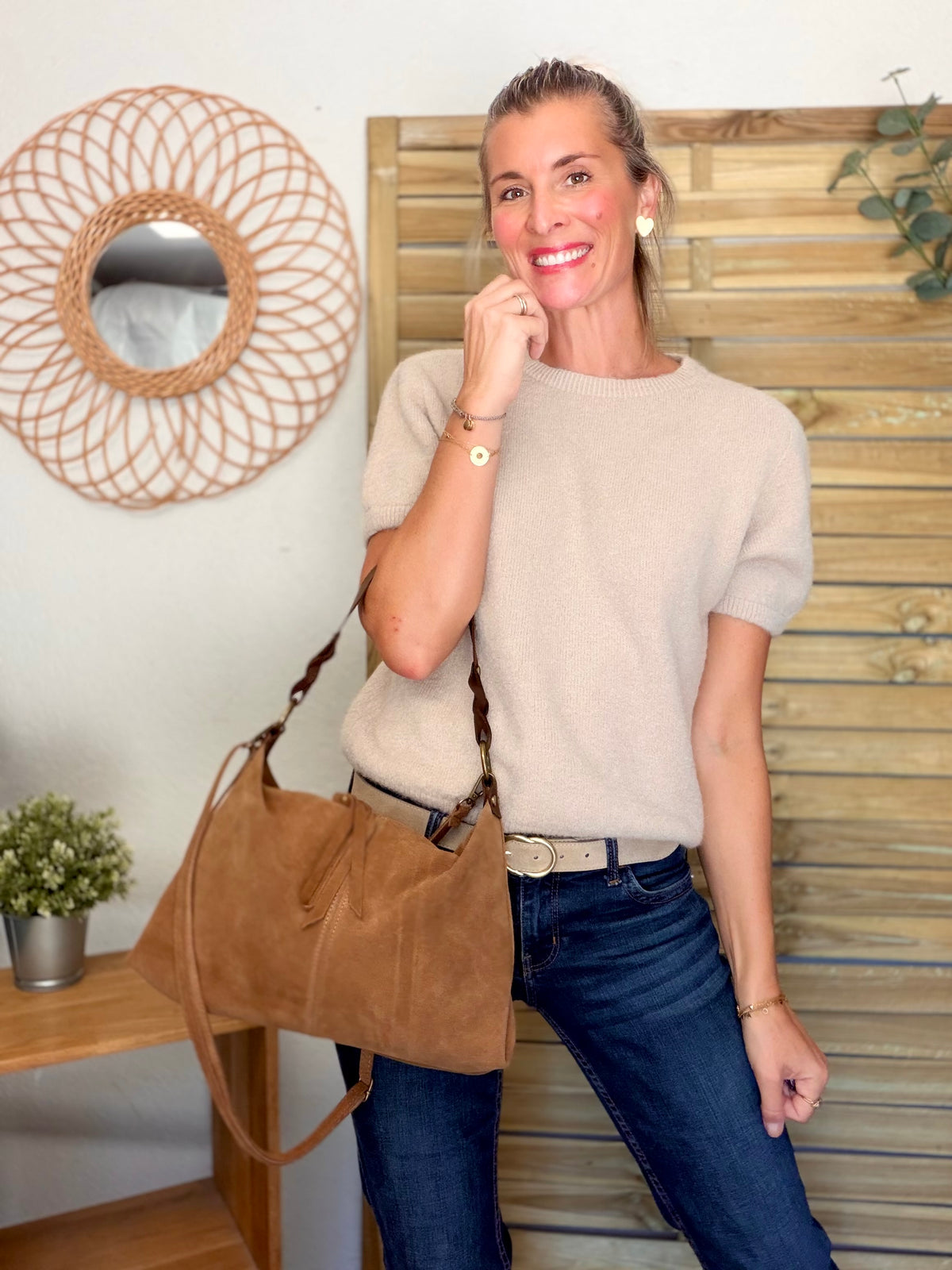 Sac hobo en cuir daim souple, double bandoulière ANDREW Camel clair