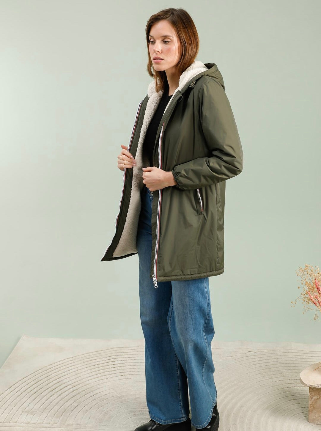 Parka Imperméable LOUISE LONG Sherpa écru - Kaki - LAURA JO