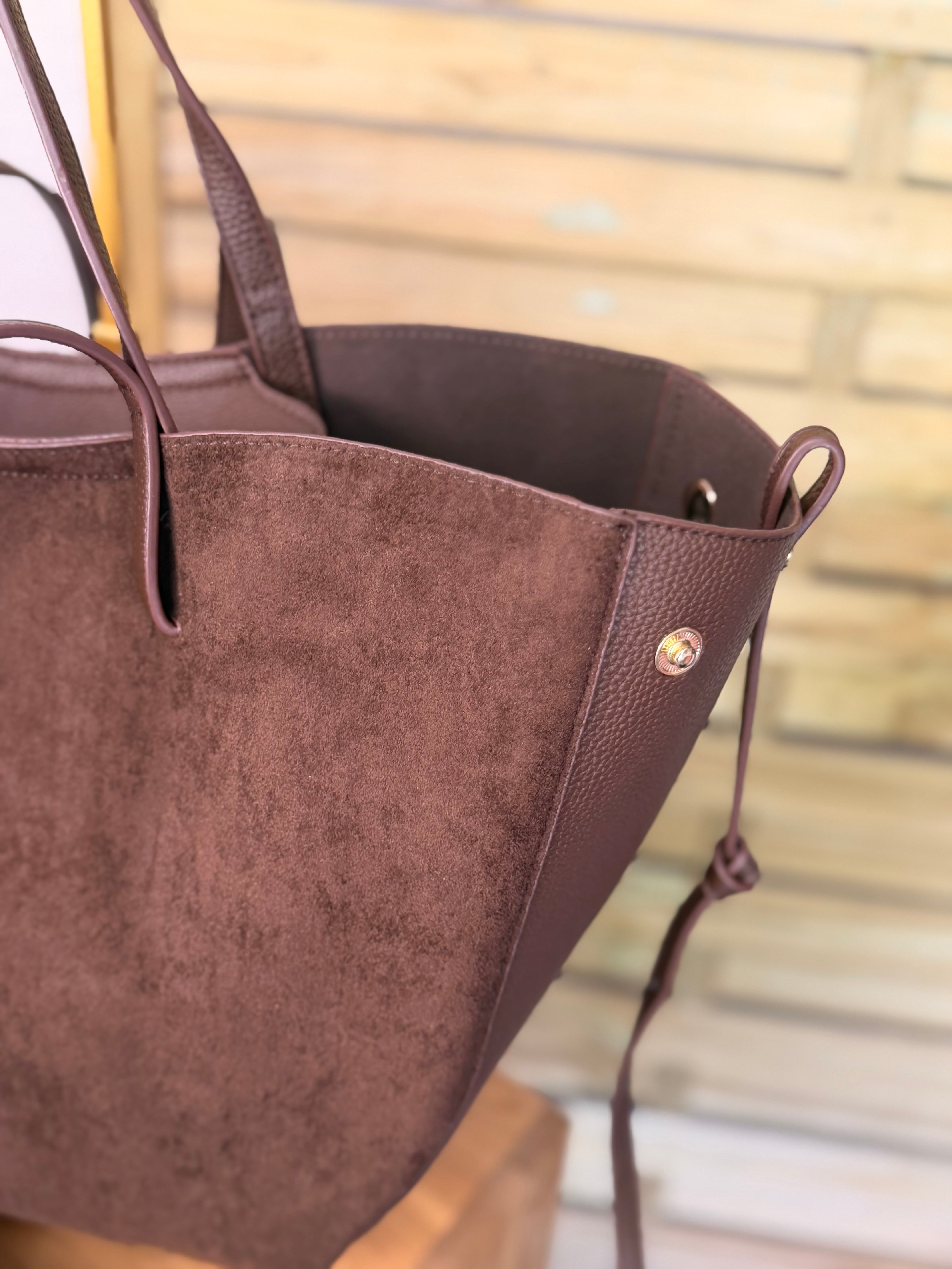 Grand Sac cabas 2 en 1 en simili daim - PAULE Chocolat