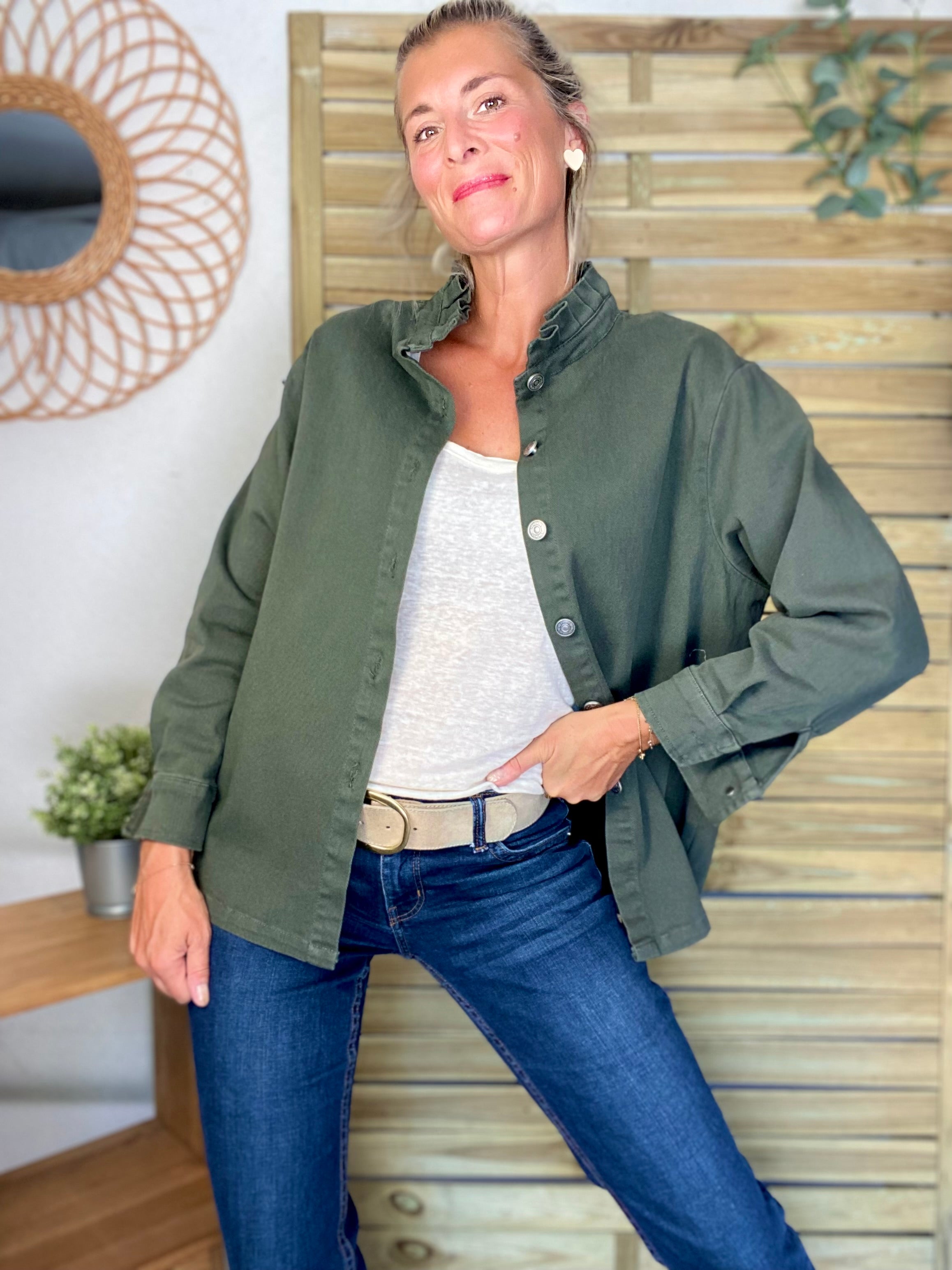Veste / Chemise en coton, col volanté Kaki LISON