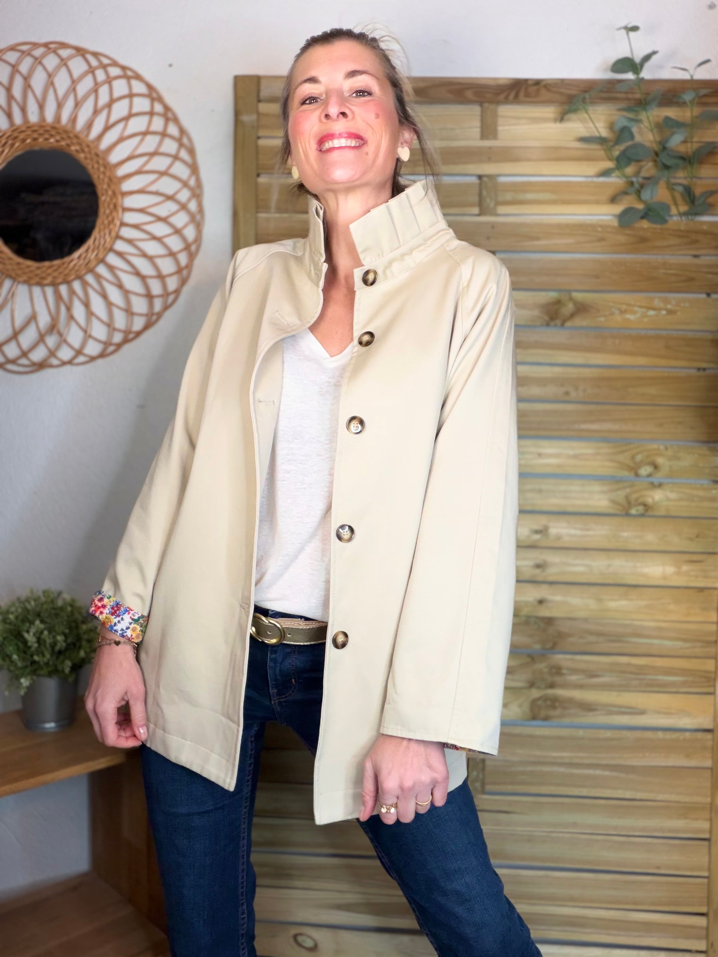 Veste Trench mi-long col victorien avec Liberty - ANDY Beige