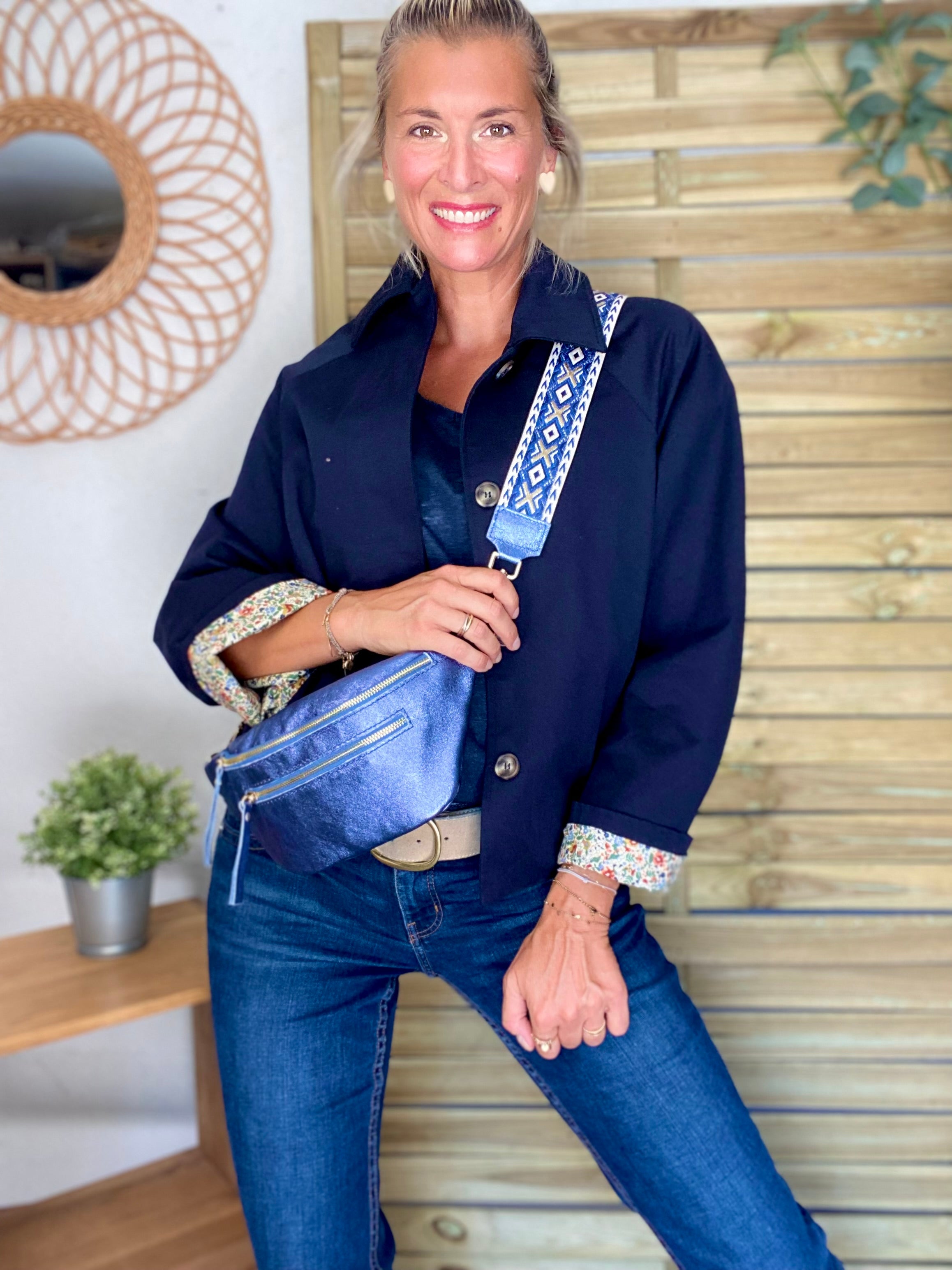 Veste Trench en coton bleu marine avec Liberty - MAHAUT