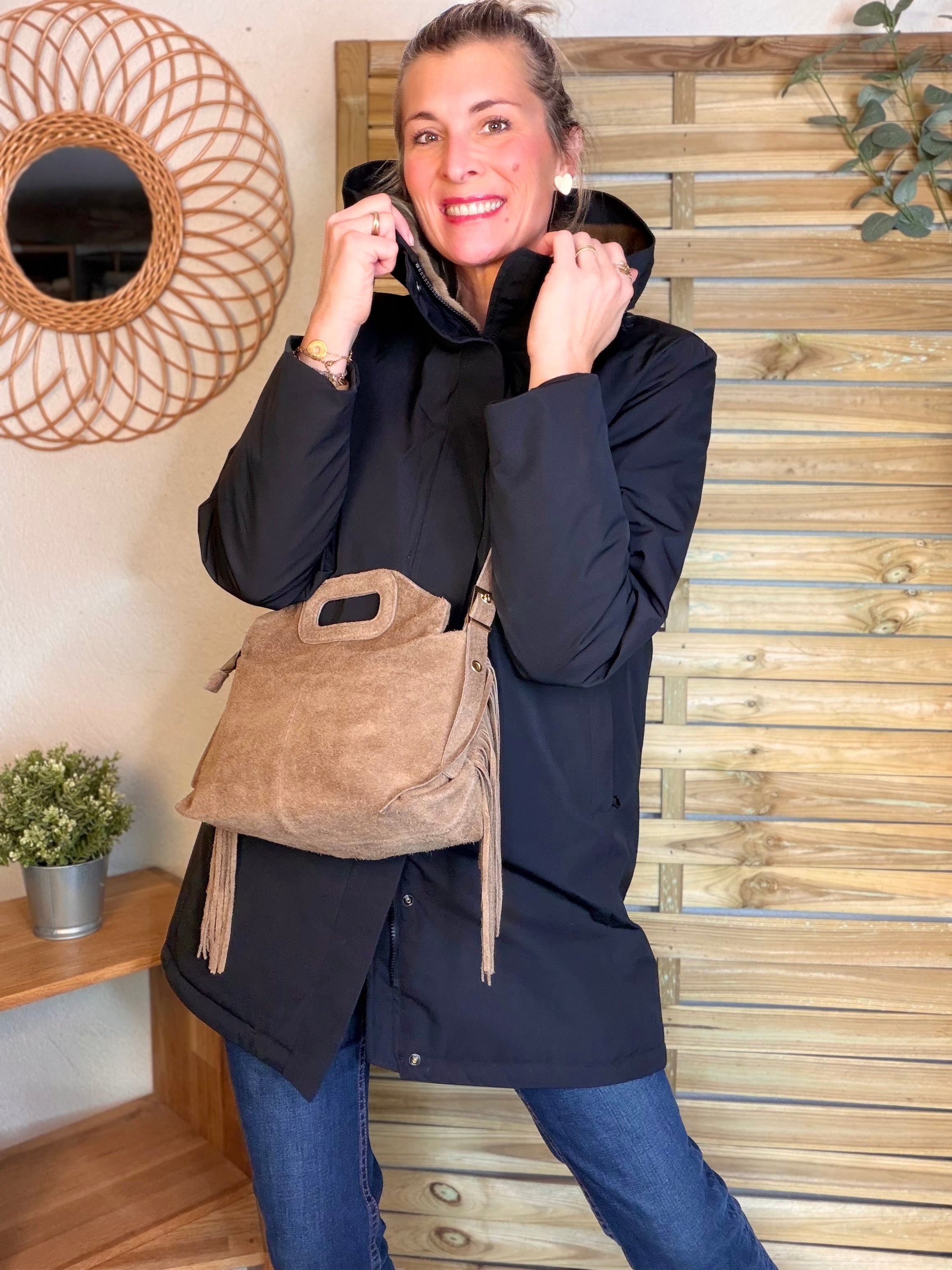 Sac en cuir daim avec franges LOGAN - Beige taupe