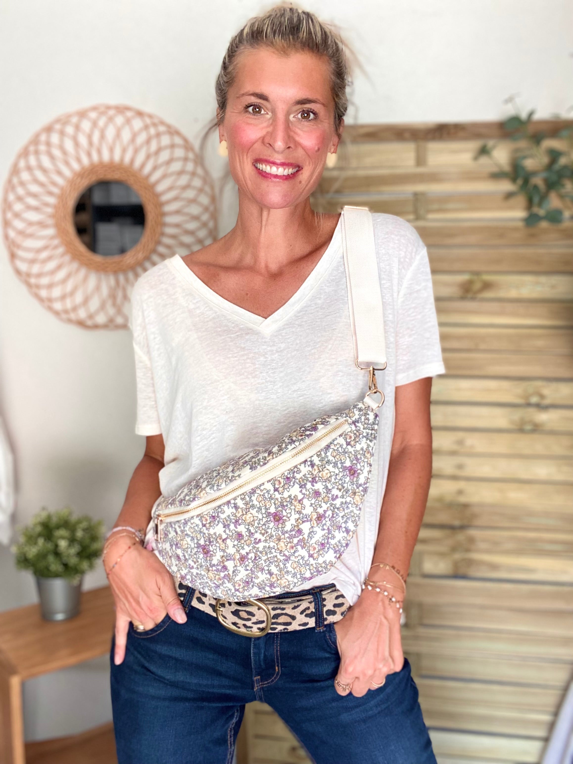 Sac banane XL Ciao Boum - IVY - Fleuri blanc et mauve (20 coloris)