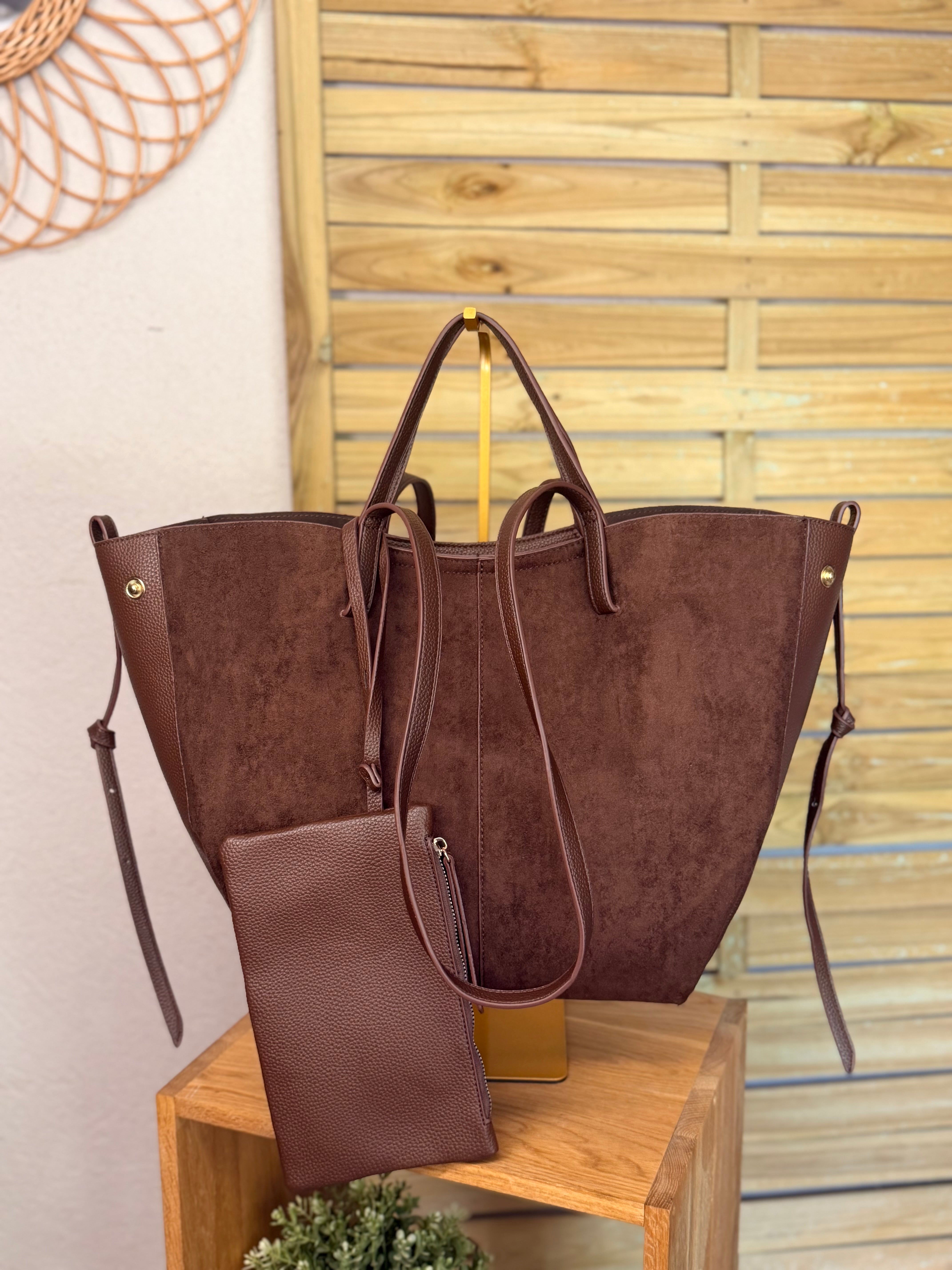 Grand Sac cabas 2 en 1 en simili daim - PAULE Chocolat