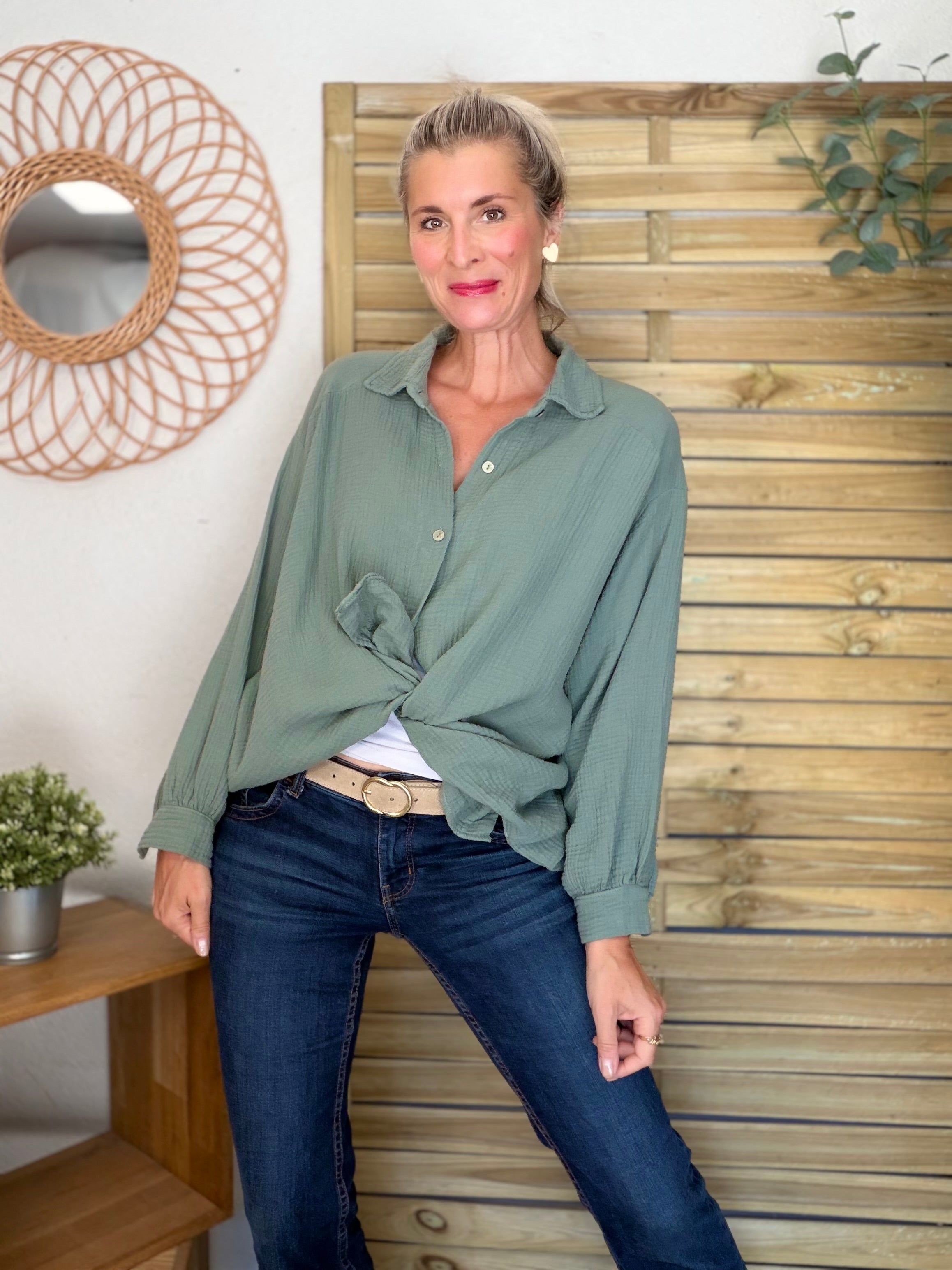 Chemise en gaze de coton unie FÉLICIA Kaki