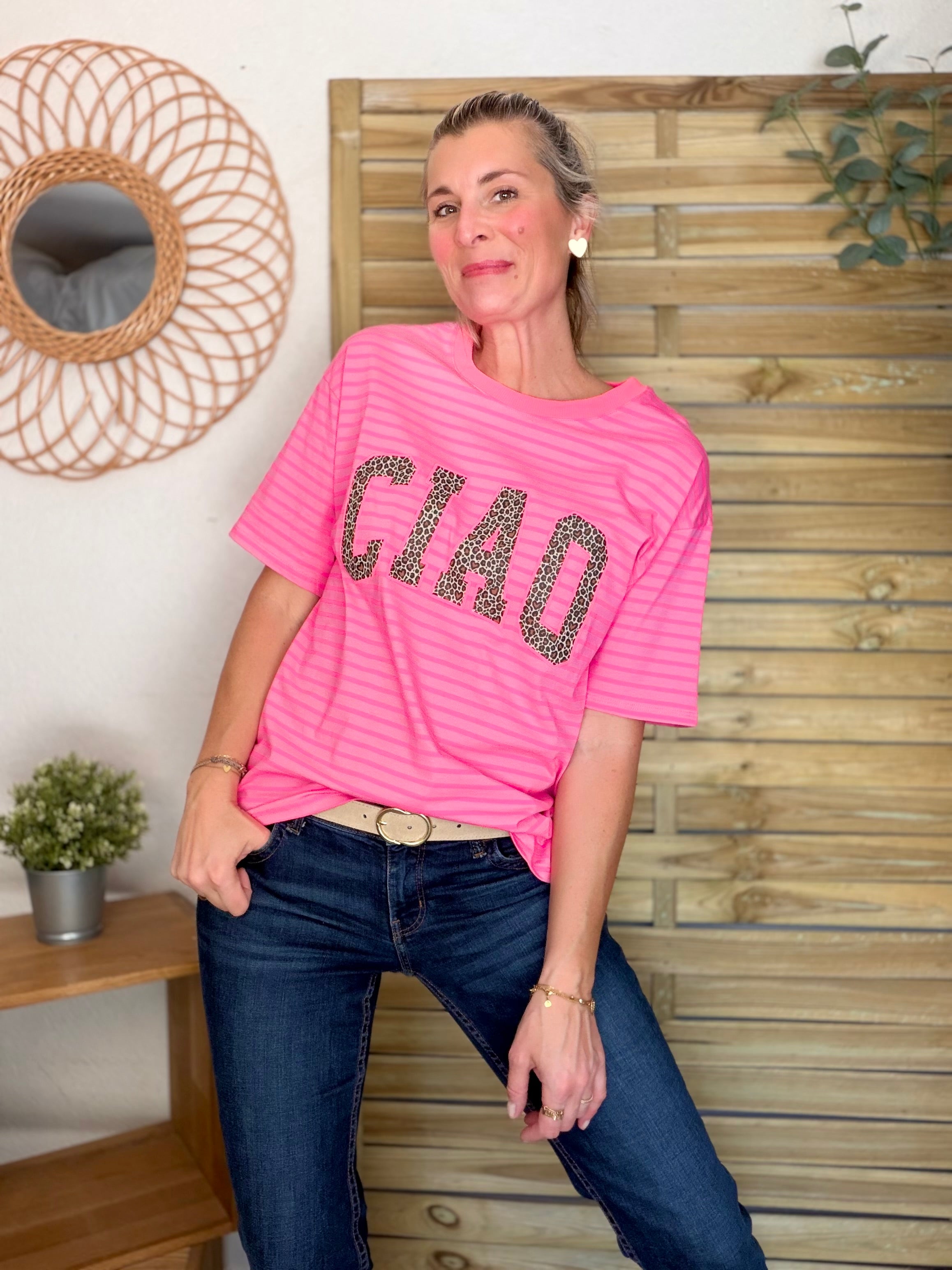 Tee shirt rayé CIAO Léo Rose fluo