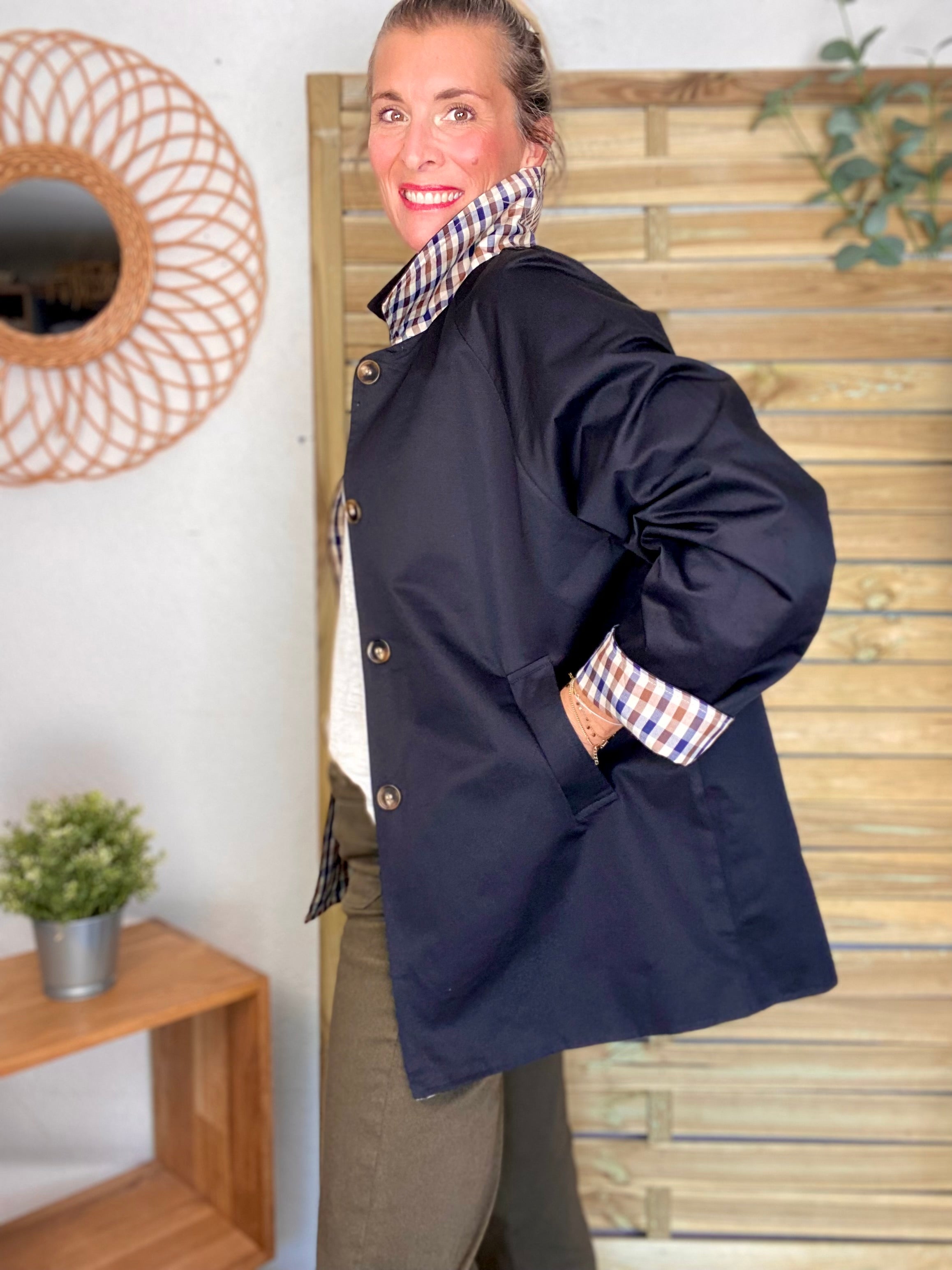 Veste Trench mi long réversible vichy LENA - Noir