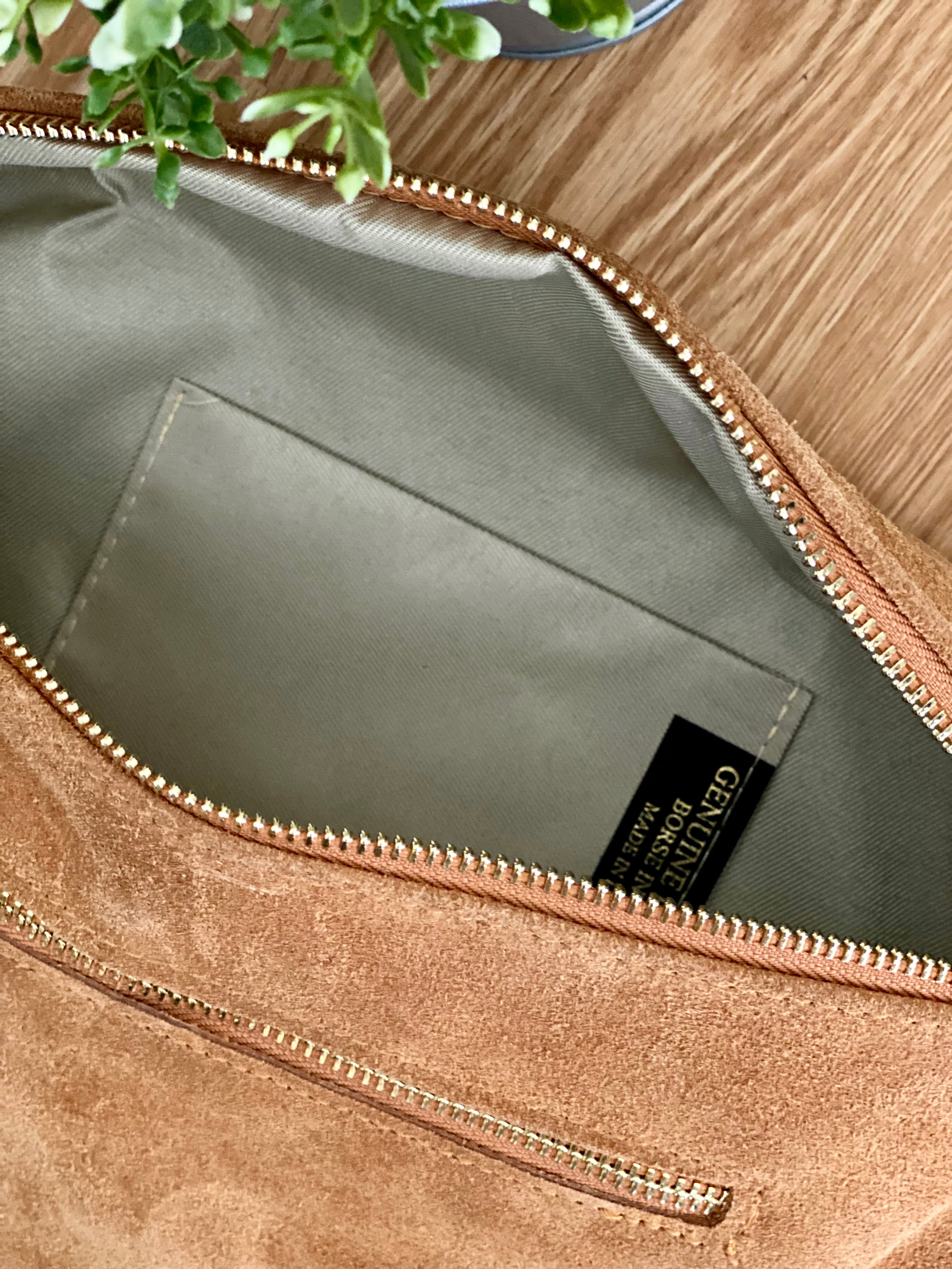 Sac banane XL 2 zips en cuir velours et irisé 30cm TERRY - Camel (4 coloris)