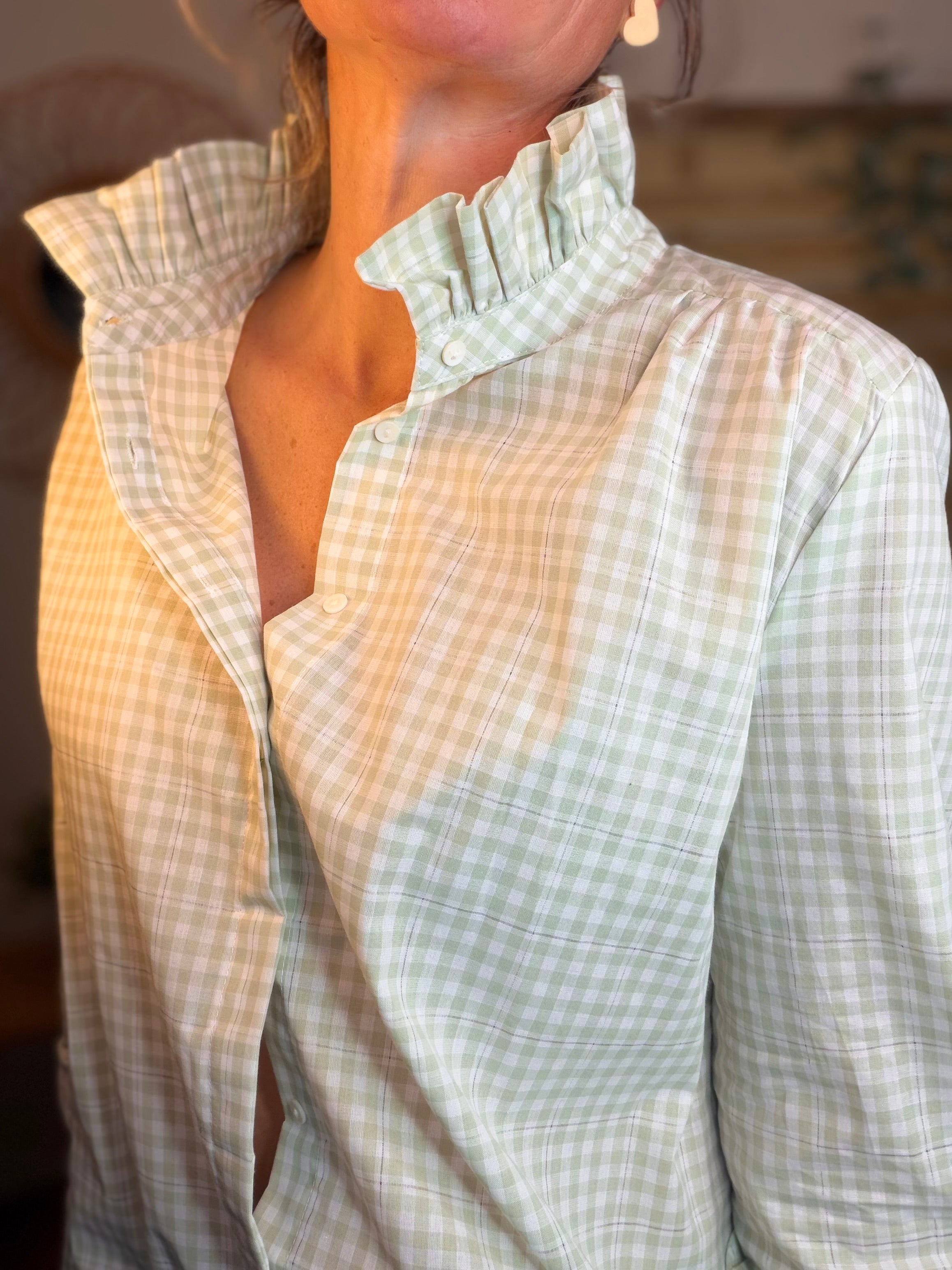 Chemise imprimée vichy, col victorien volanté MEREDITH - Vert d’eau