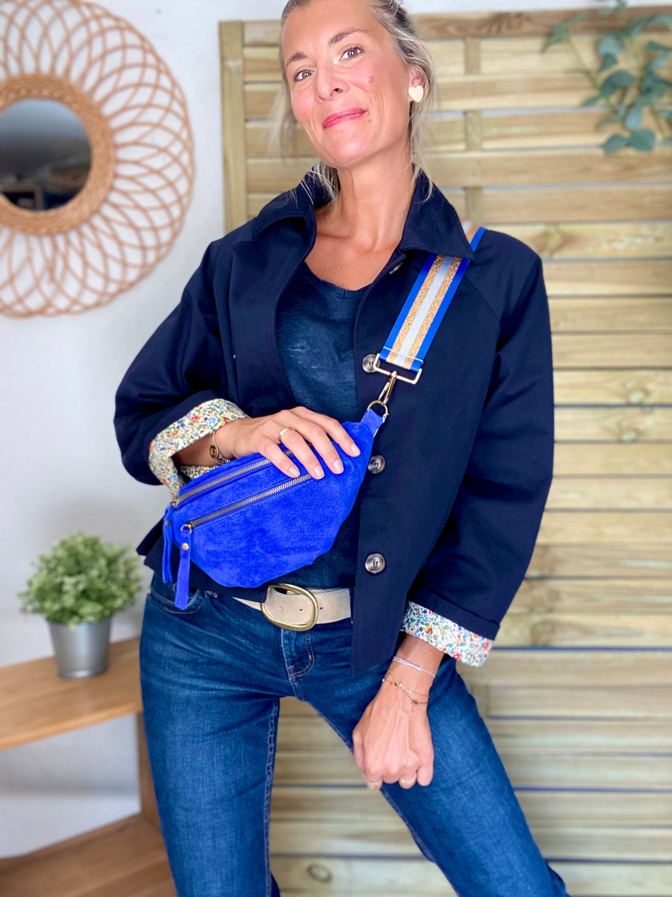 Veste Trench en coton bleu marine avec Liberty - MAHAUT