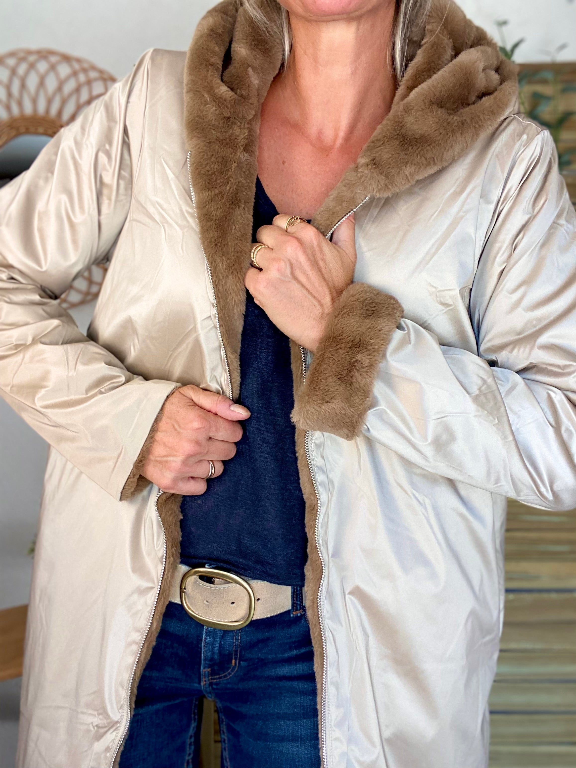 Parka Imperméable réversible fourrée Sable irisé / Camel ALIX - LAURA JO