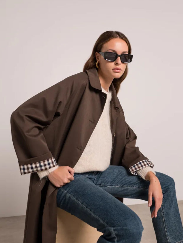 Veste Trench en coton avec vichy - YSEULT long Chocolat