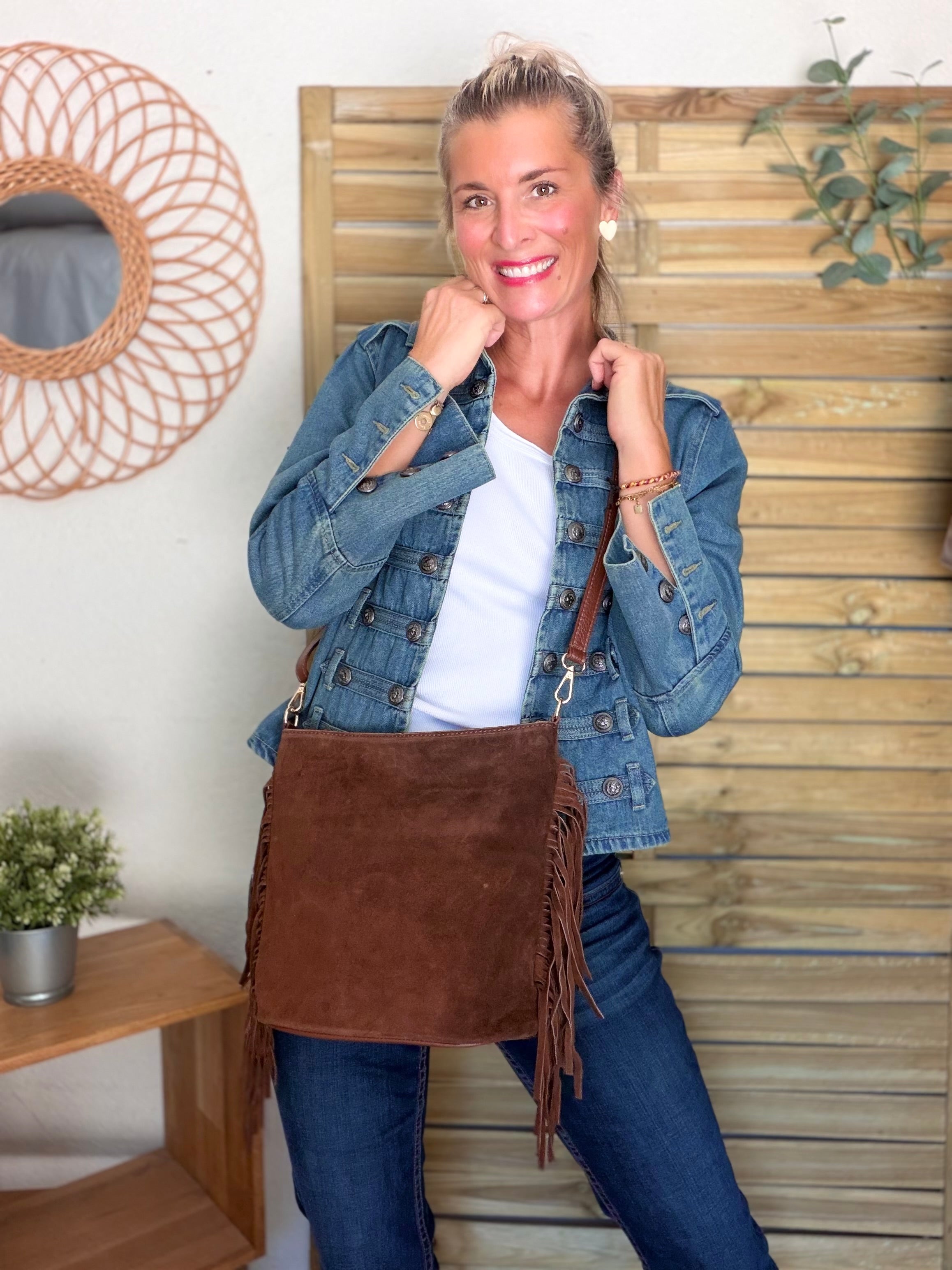 Sac seau en cuir daim avec franges KYLIE - Camel foncé (Café)