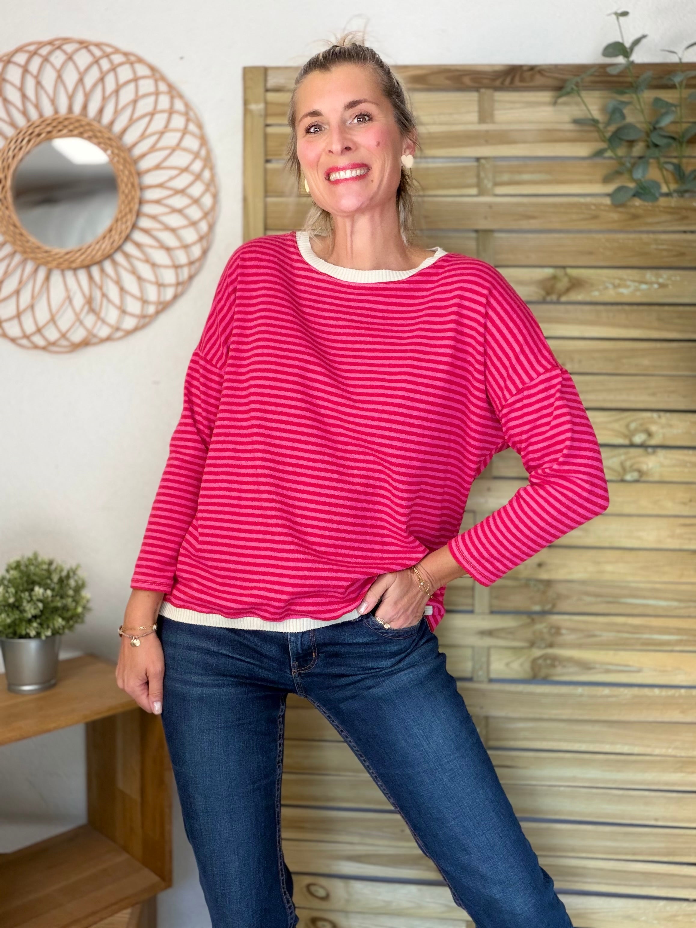 Pull fin rayé ample ROMANE - Rose/Fuschia