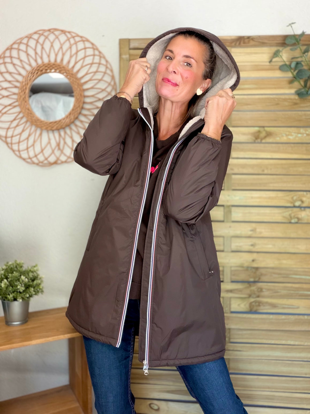 LAURA JO - Parka Imperméable LOUISE LONG Sherpa écru - Chocolat