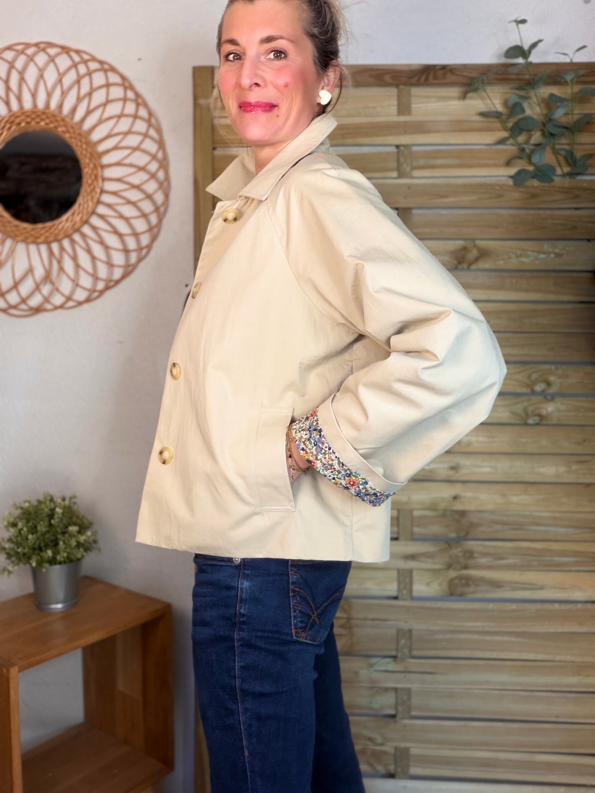Veste Trench en coton beige avec Liberty - MARION (Taille 2 ans à la Taille L)