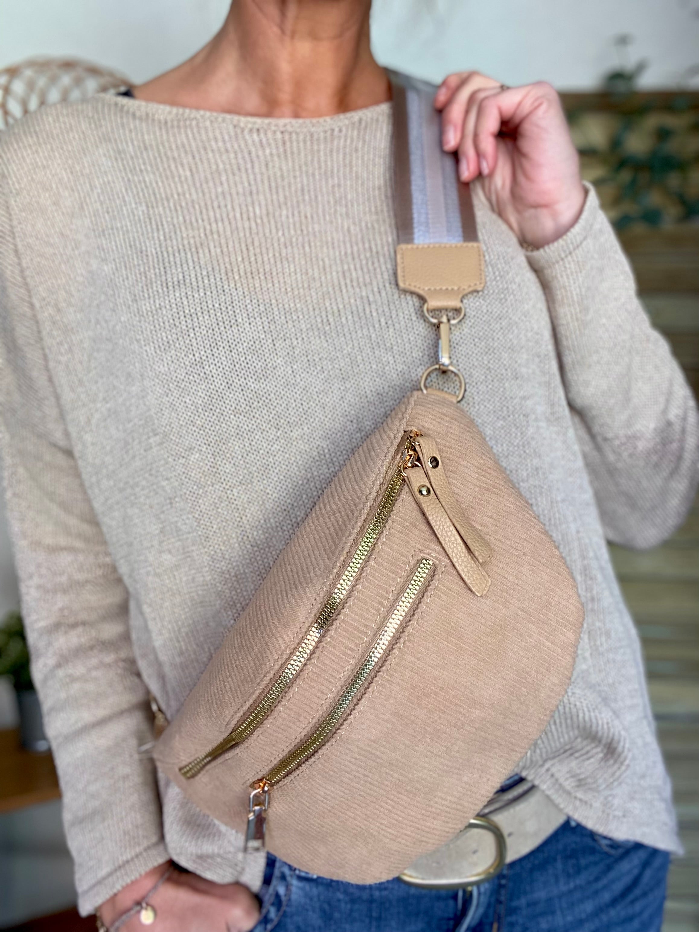 Sac banane L en velours côtelé 2 zips et sangle fantaisie - ASHLY - Beige foncé