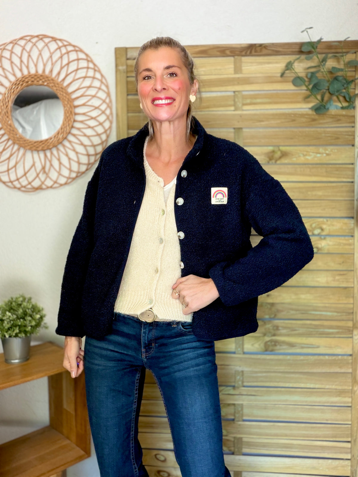 Veste Sherpa boutonnée écusson Arc-en-ciel ÉNORA Bleu marine