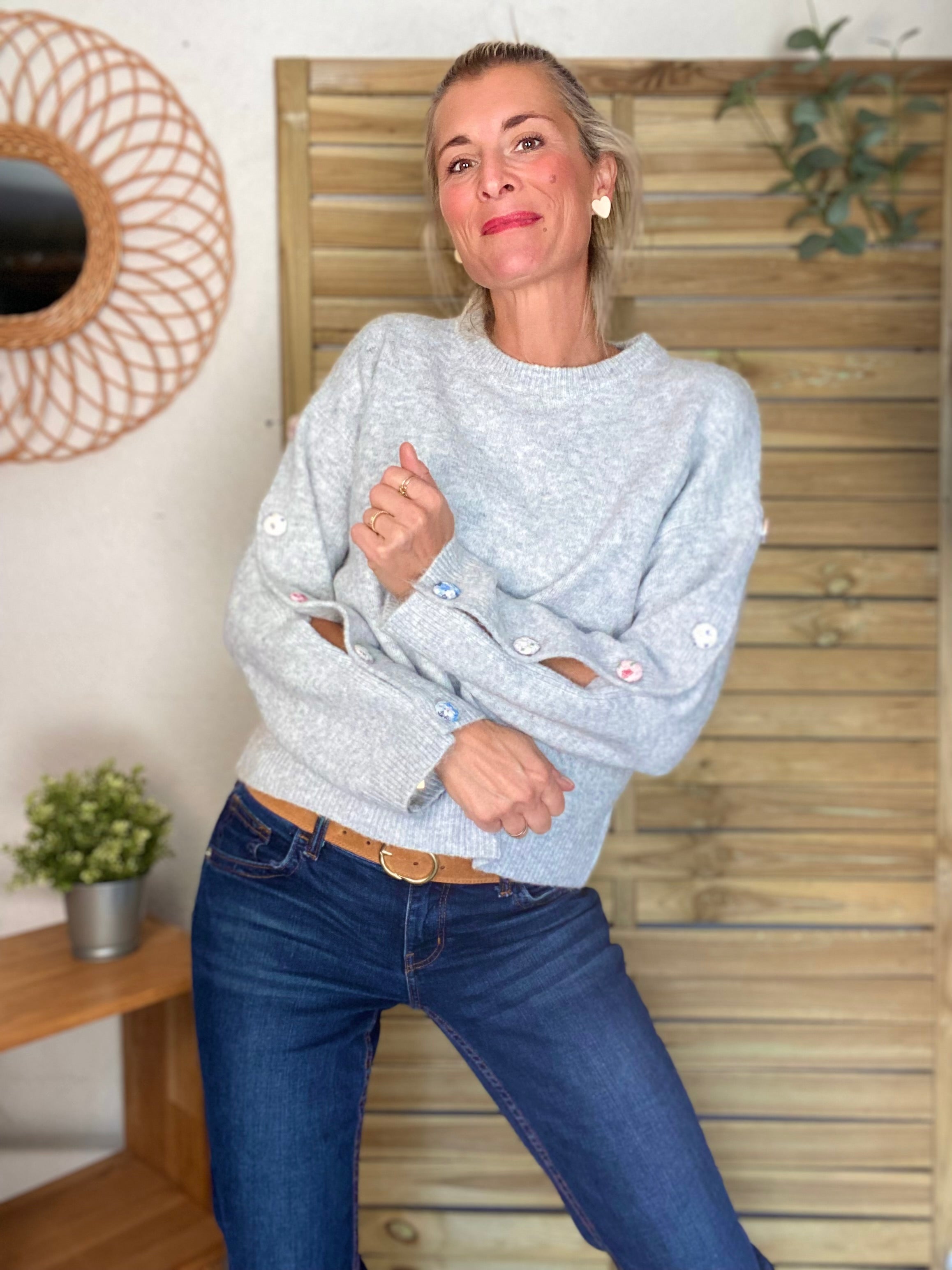⚡️ PÉPITES FRIDAY - Pull boutons tissu fleuri - Gris chiné - HAZEL