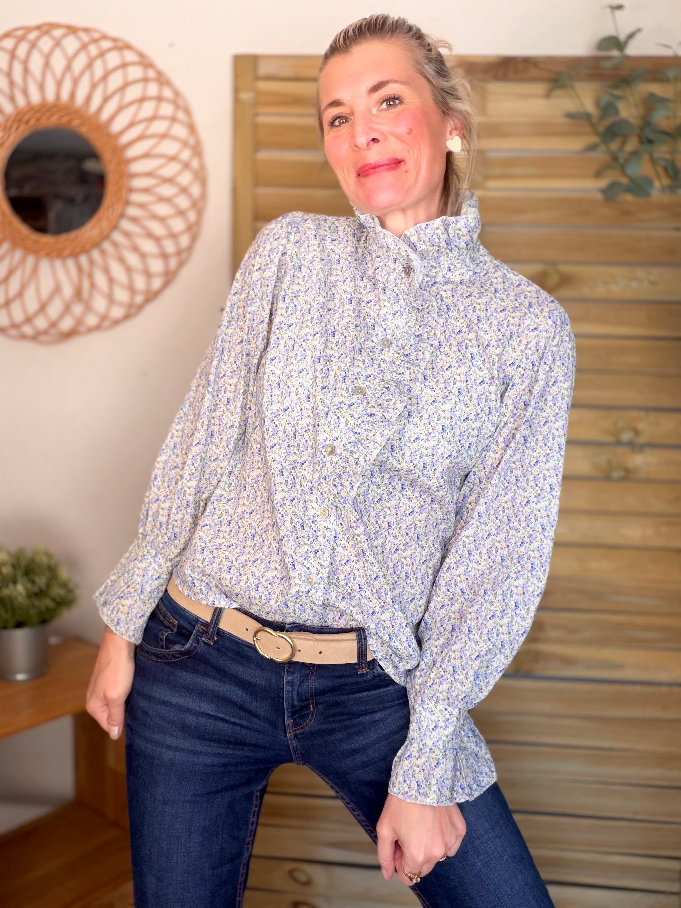 Chemise imprimée Liberty col volanté HÉLOÏSE - Bleu