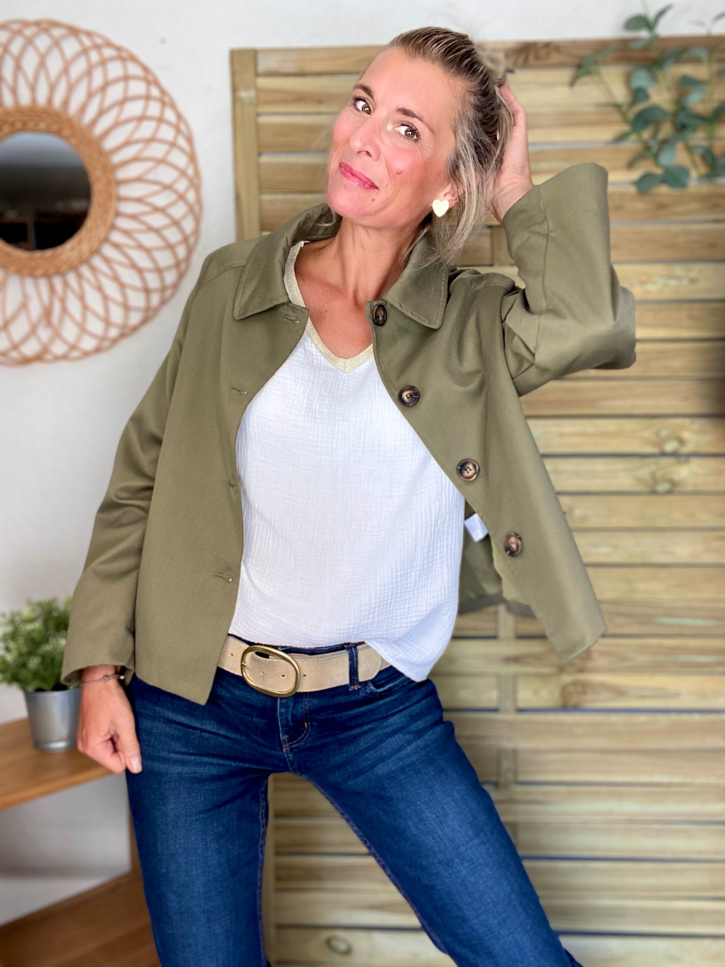 Veste Trench en coton avec vichy - YSEULT court Kaki