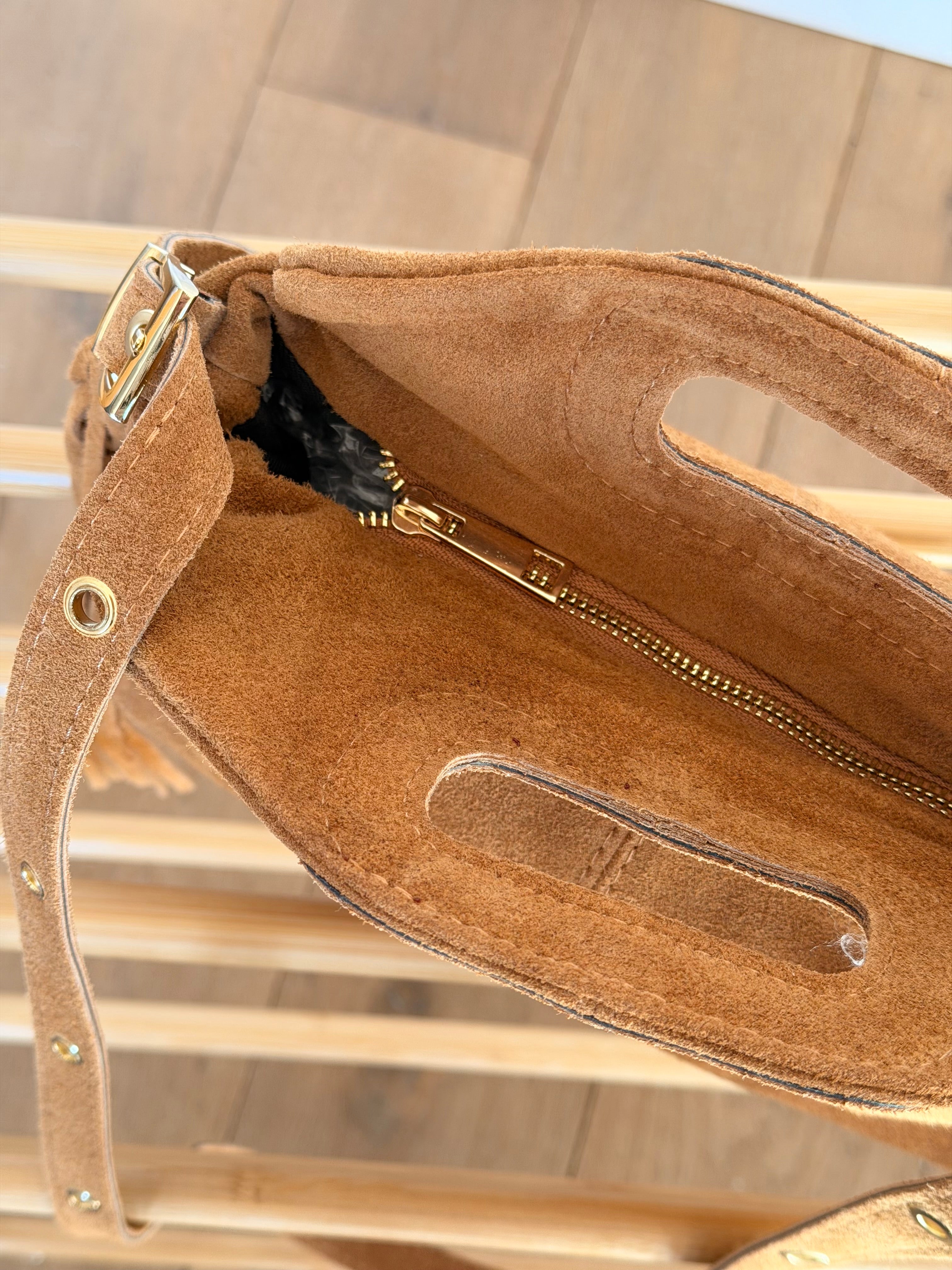Sac en cuir daim avec franges LOGAN - Camel