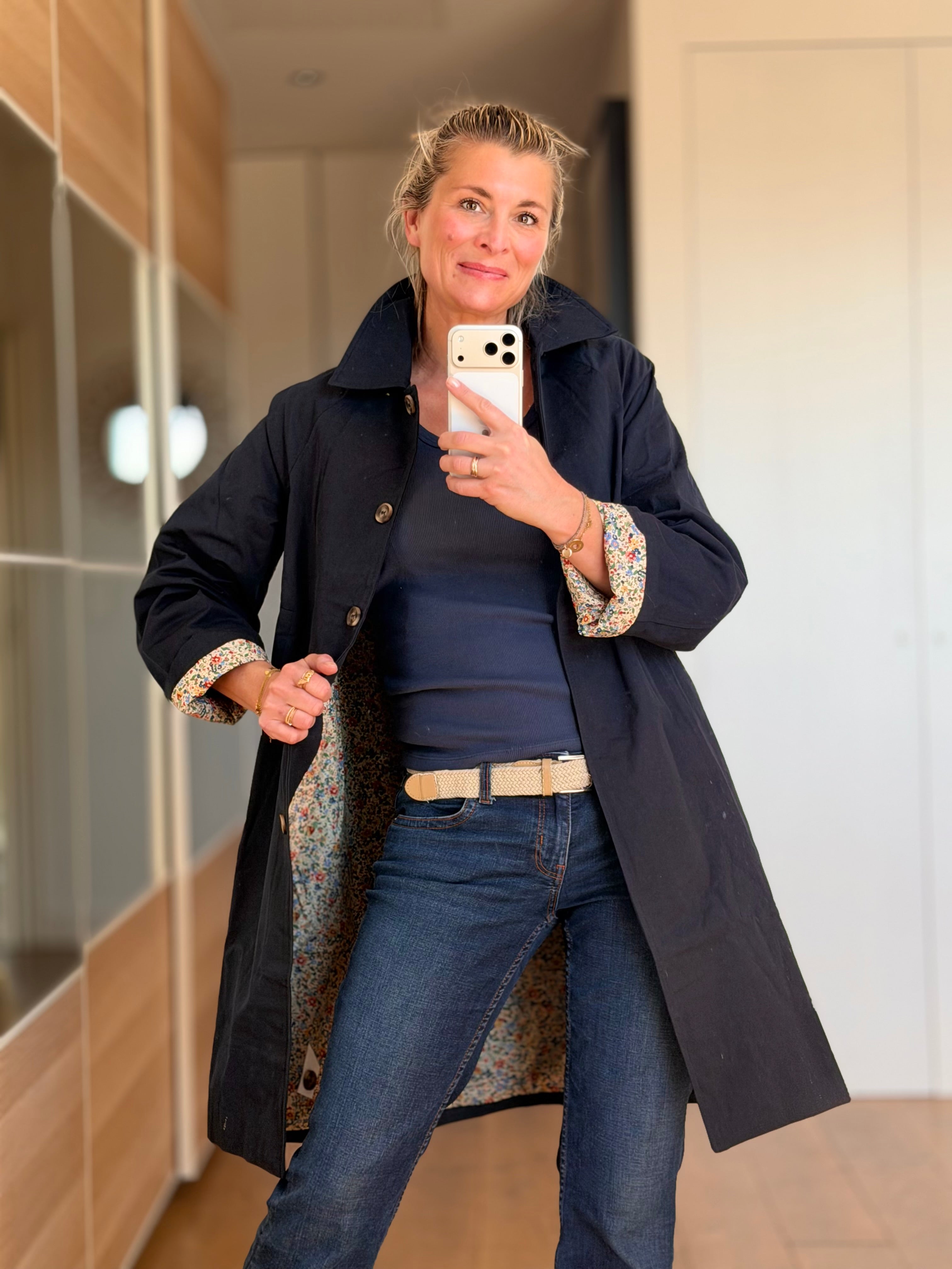 Veste Trench en coton Bleu marine avec Liberty - MAHAUT MI LONG - LILI et LALA