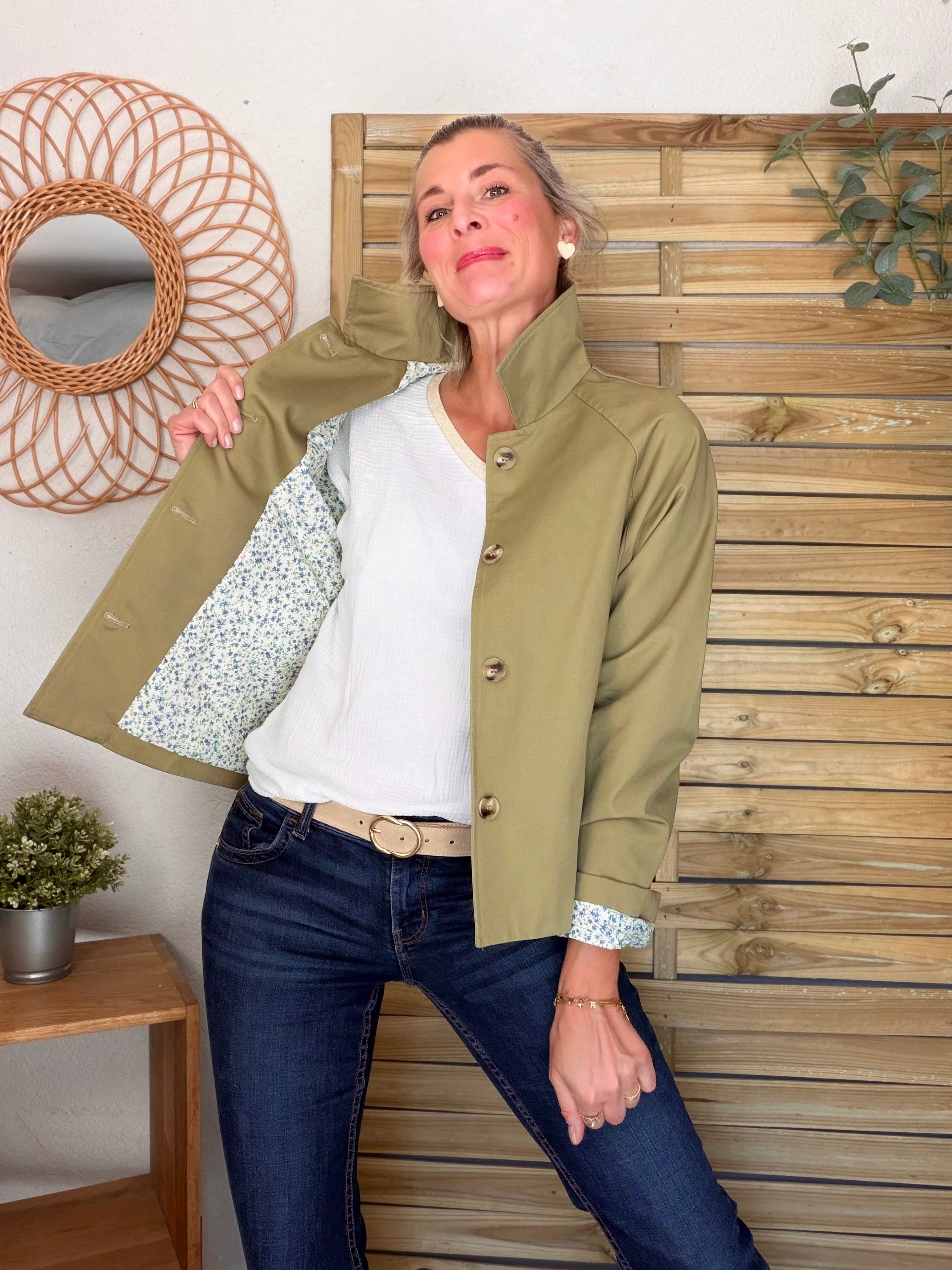 Veste Trench en coton avec Liberty - JOHAN Kaki clair