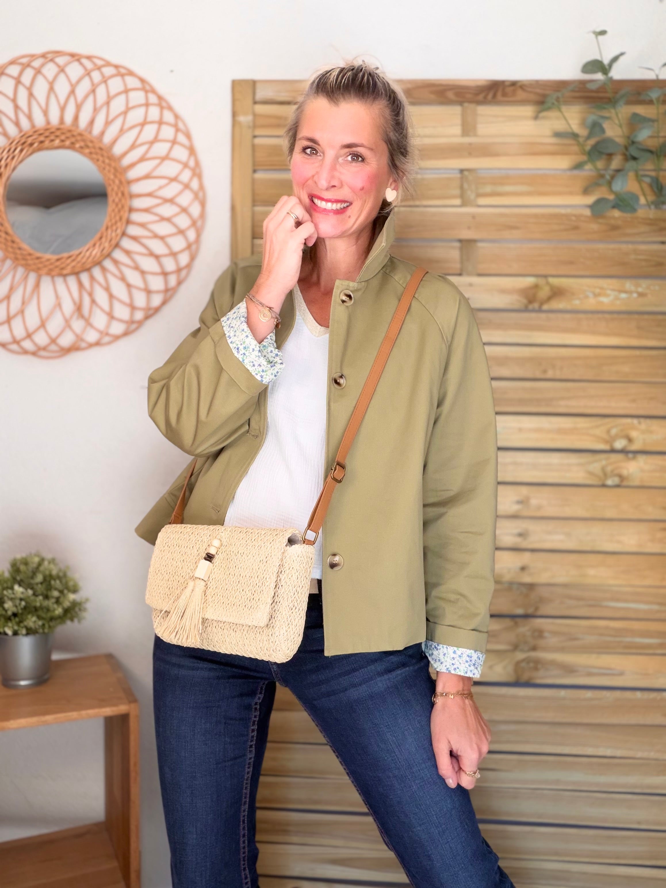 Veste Trench en coton avec Liberty - JOHAN Kaki clair