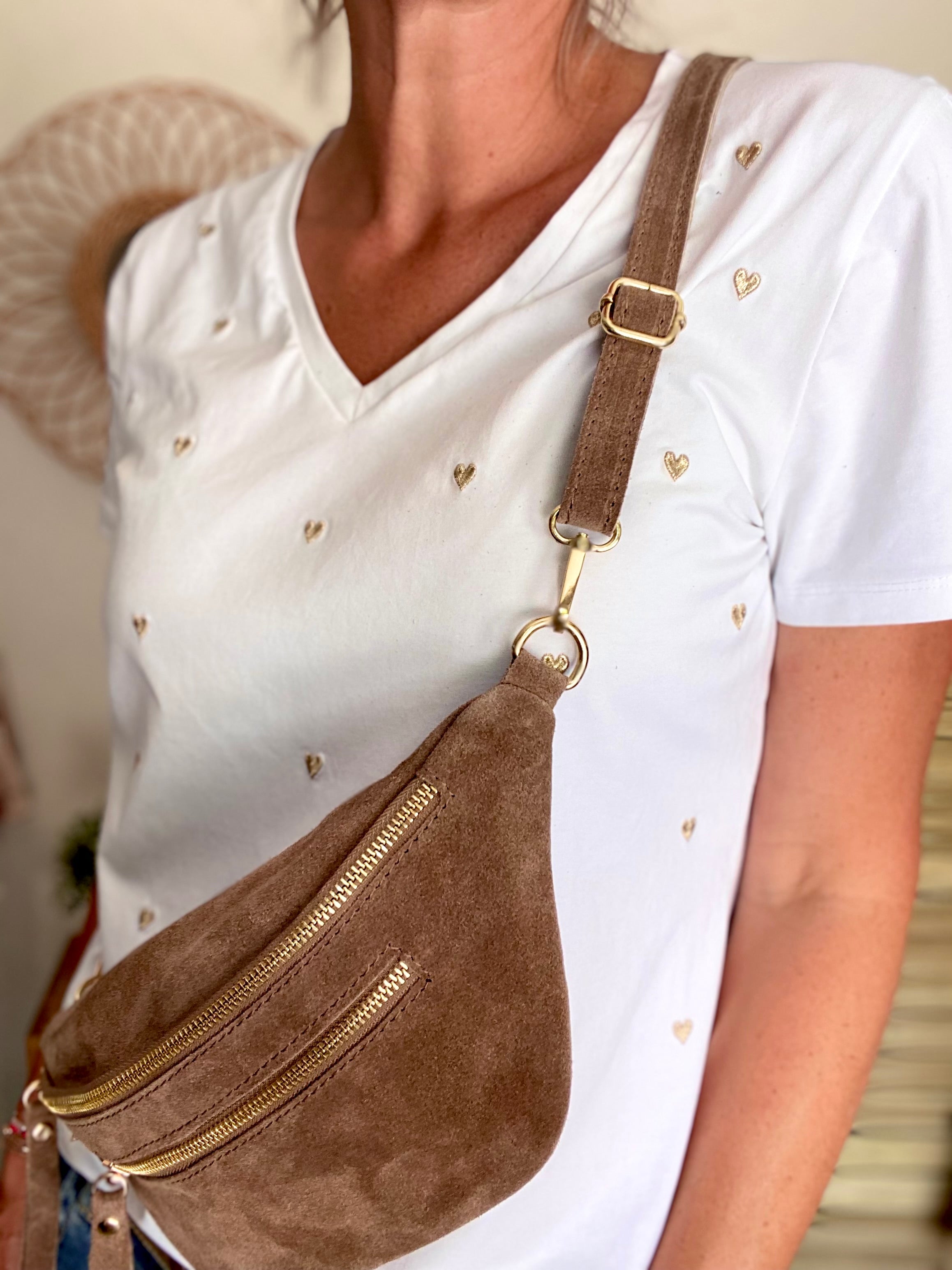 Sac banane avec poche avant, en cuir daim HOLLY - Beige taupe foncél