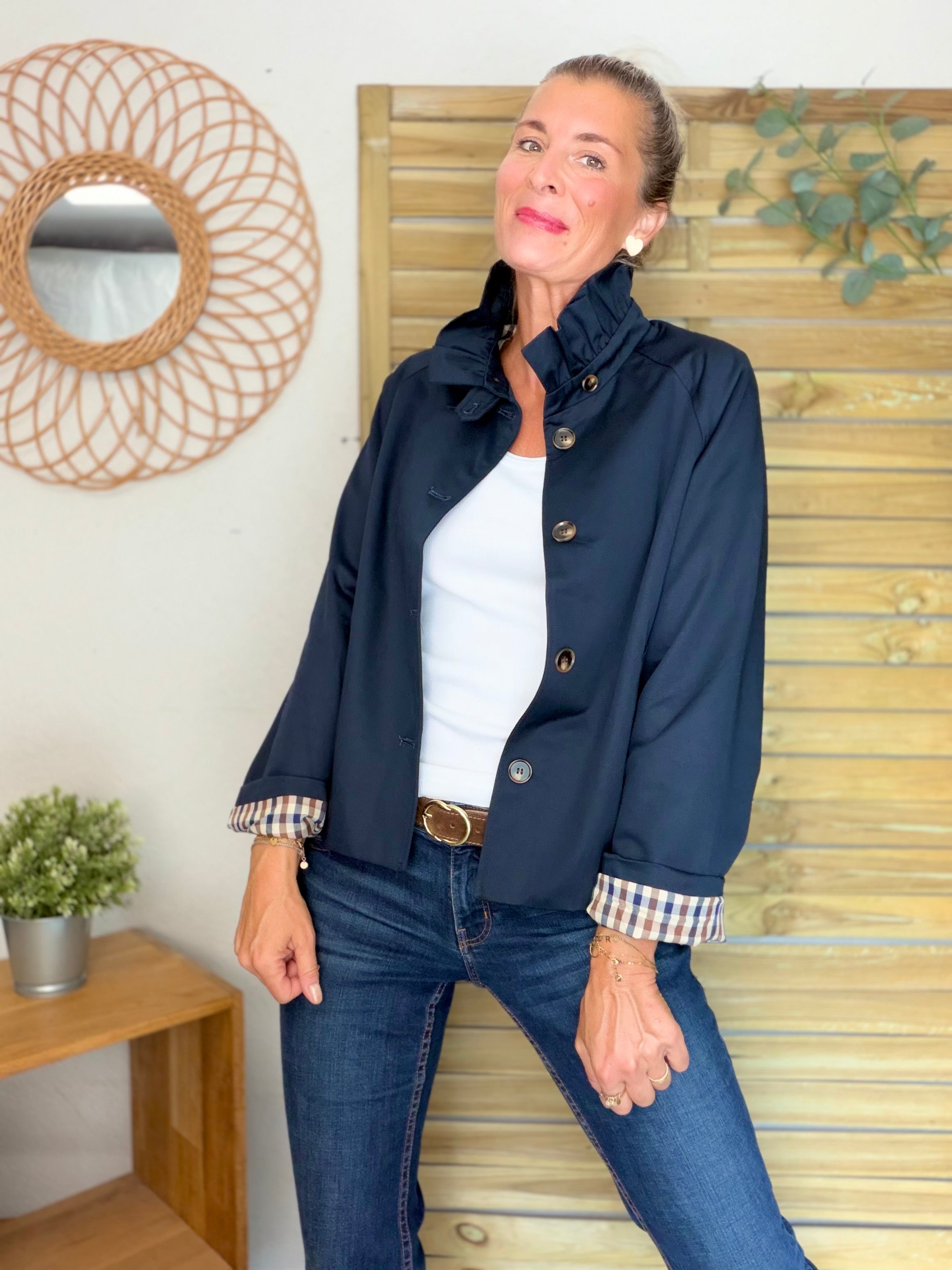 Veste Trench col victorien, doublure carreaux - VICTORIA Bleu marine
