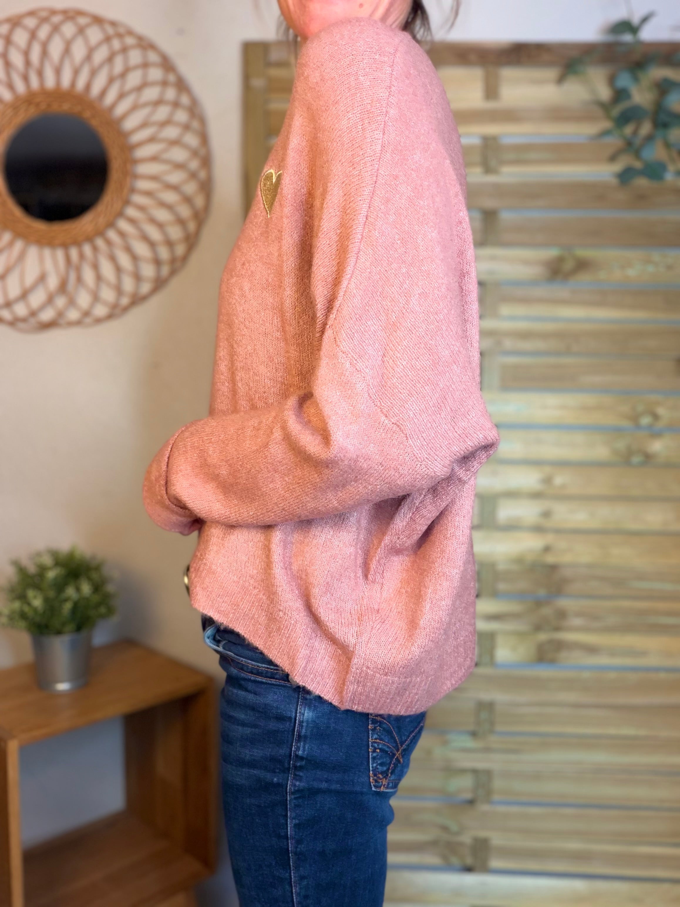 Pull léger en maille cœur doré brodé 💛 MELISSA - Vieux rose