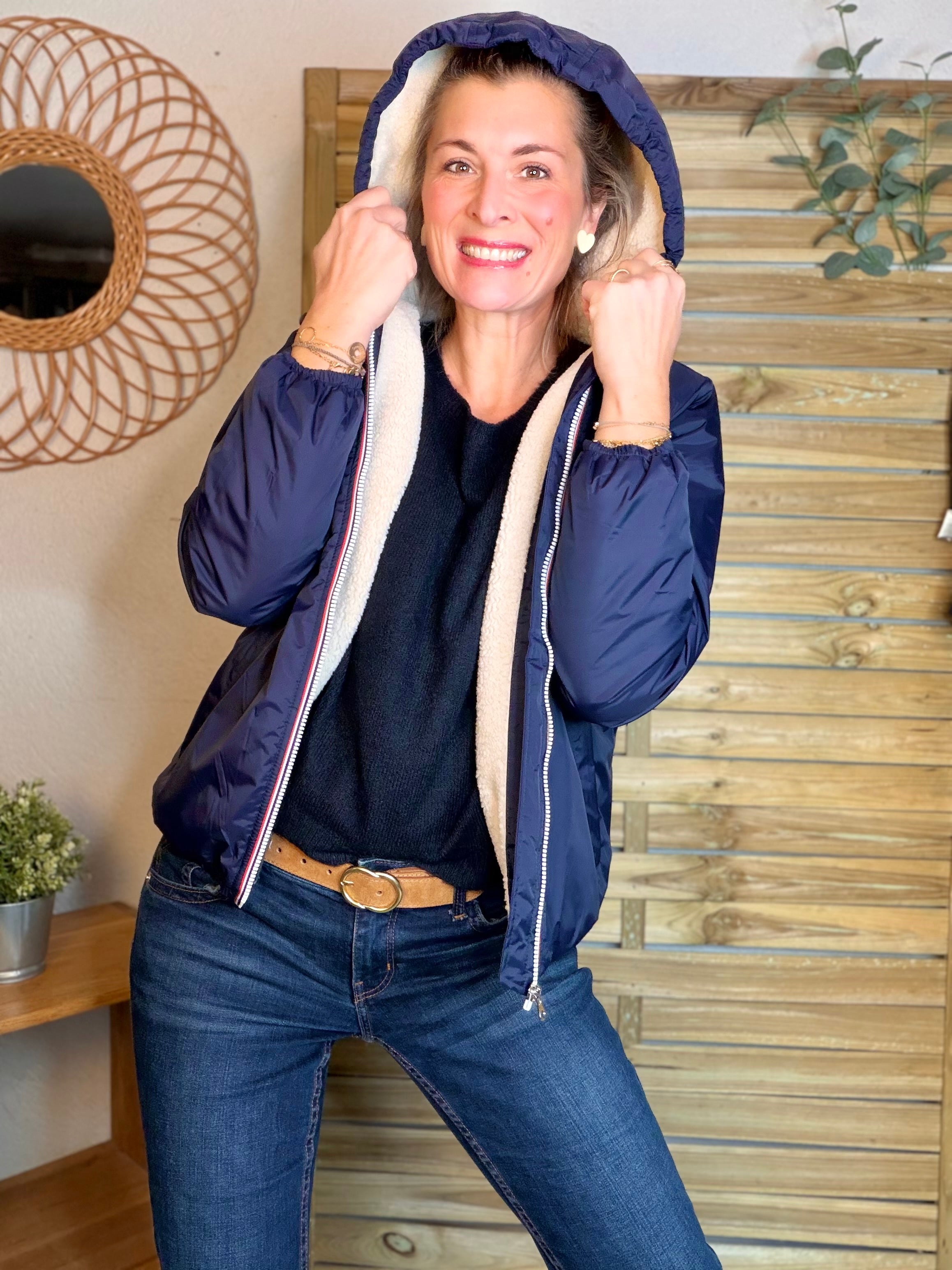 Parka Imperméable LOUISE COURT sherpa - Bleu marine - LAURA JO (DÉSTOCKAGE Taille L)