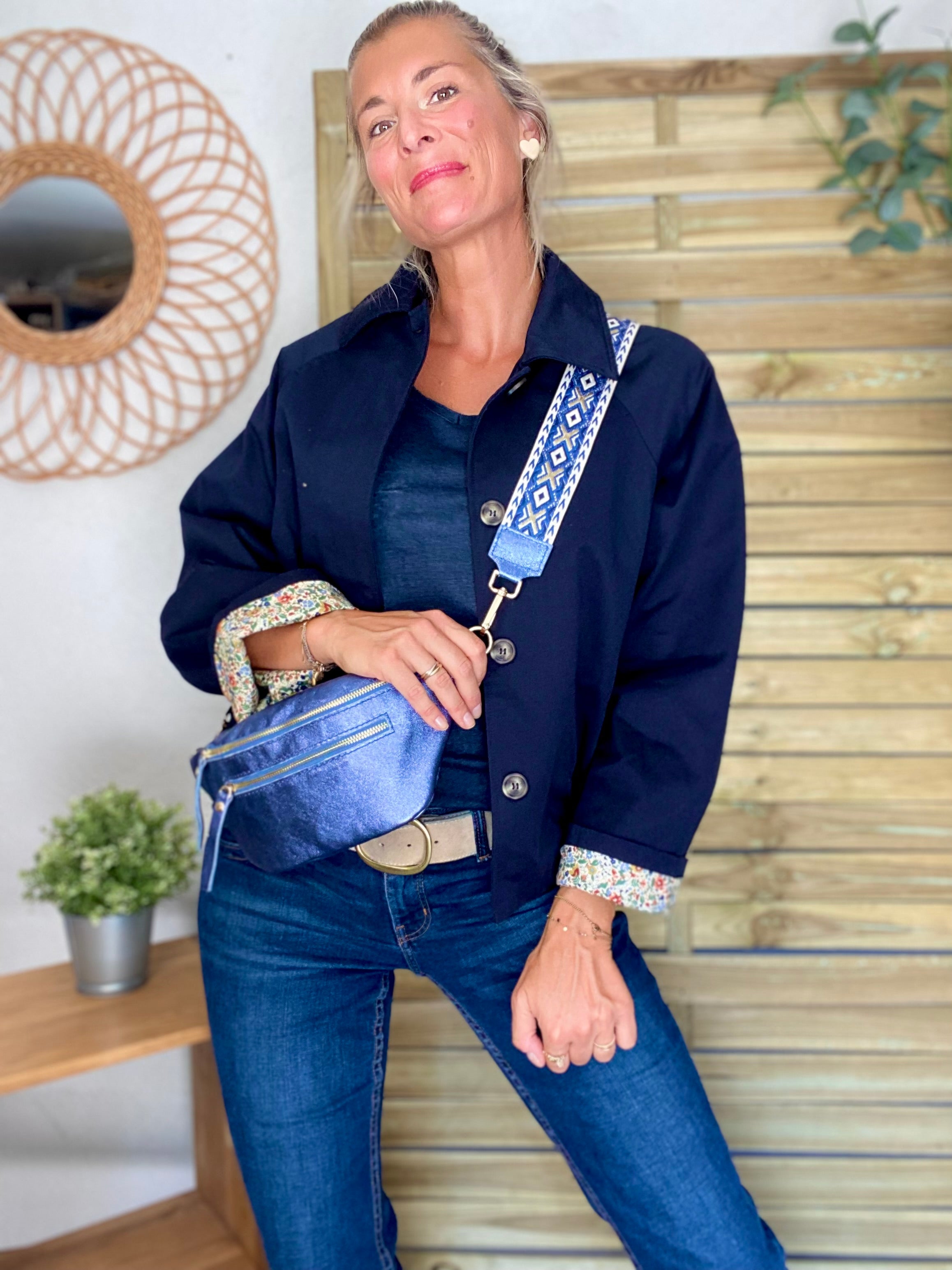 Veste Trench en coton bleu marine avec Liberty - MAHAUT