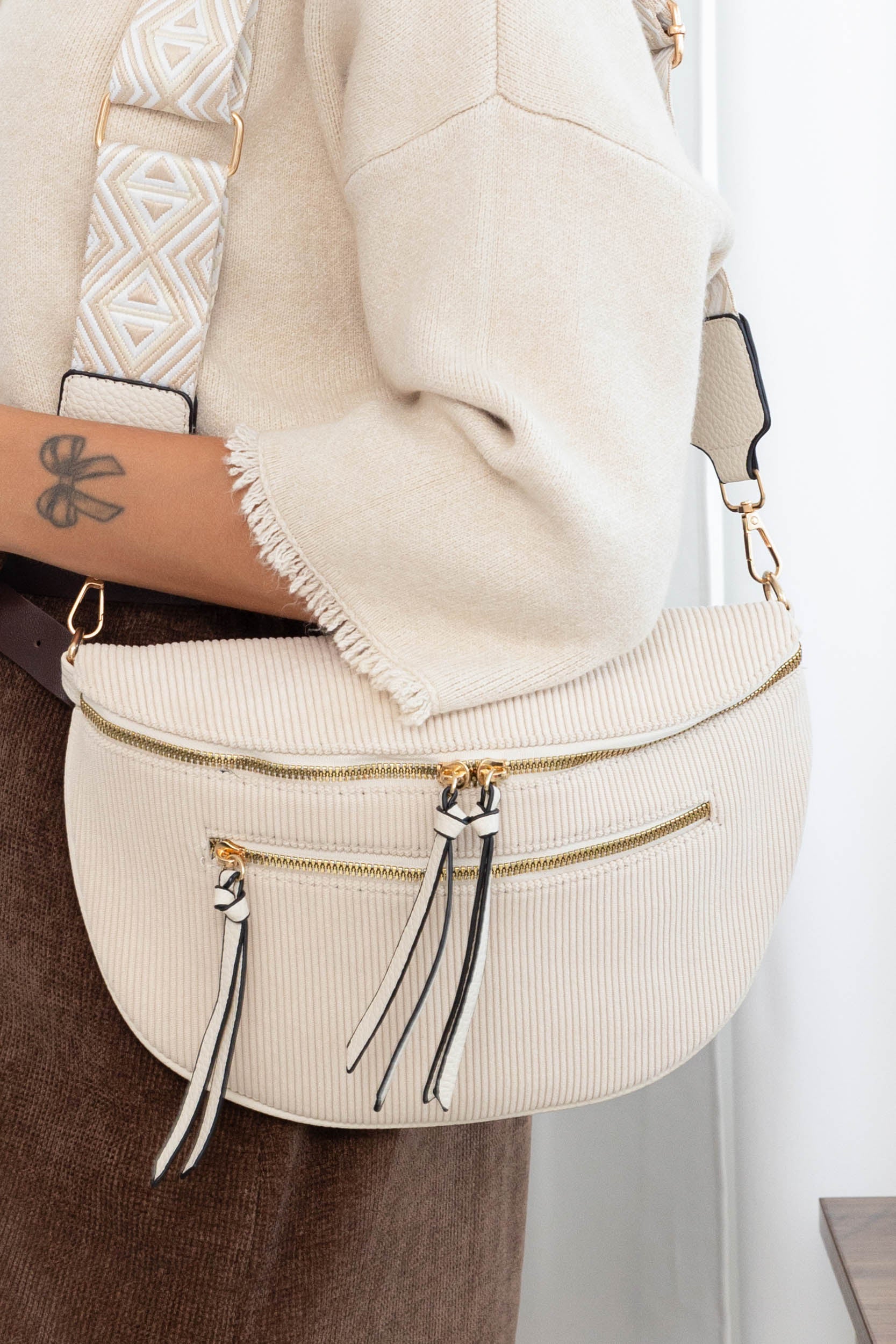 Sac banane en velours côtelé, sangle fantaisie - KATY - Beige clair