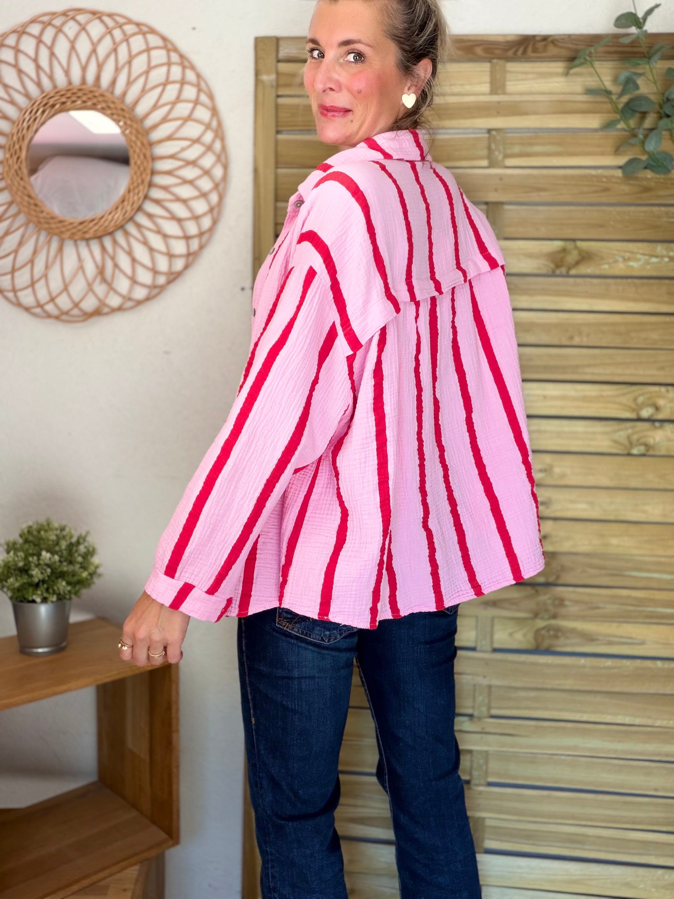 Chemise en gaze de coton rayé FÉLICIE Rose rouge