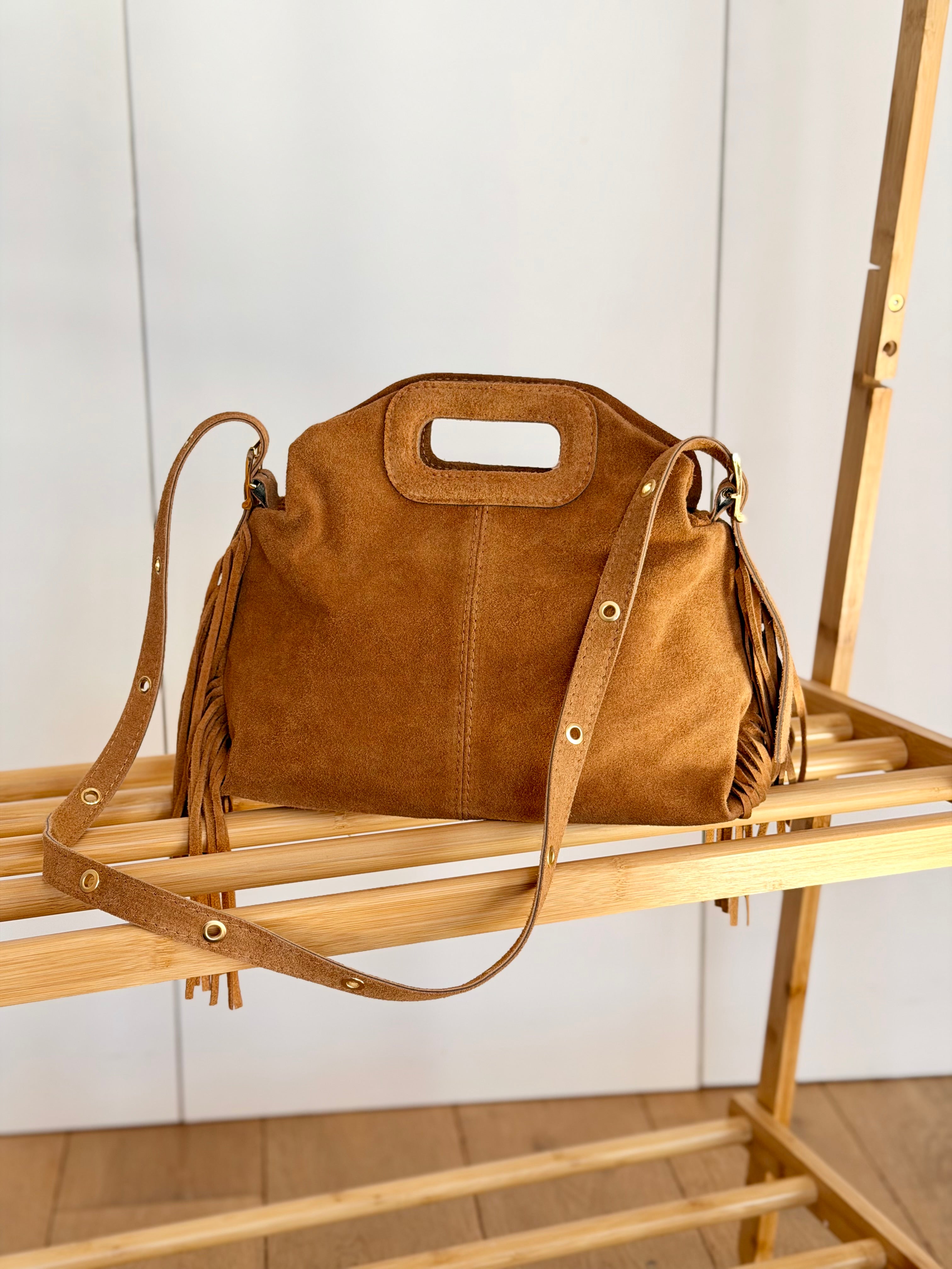 Sac en cuir daim avec franges LOGAN - Camel
